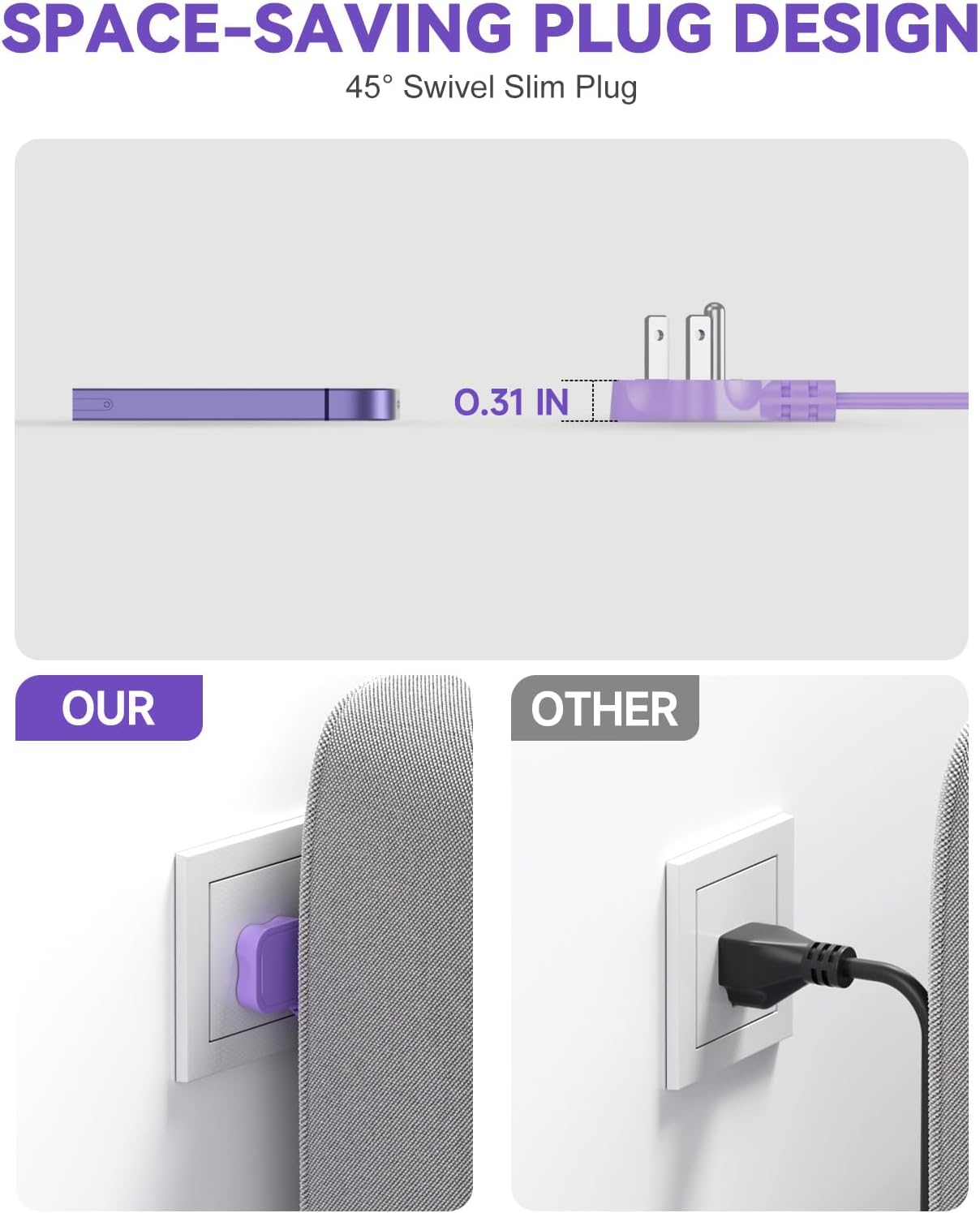 meta-ant 3 4 USB(2 1625W Purple Extension Cord with AC Outlets and USB-C) Ports, Purple Travel Power Strip, Cute Kawaii