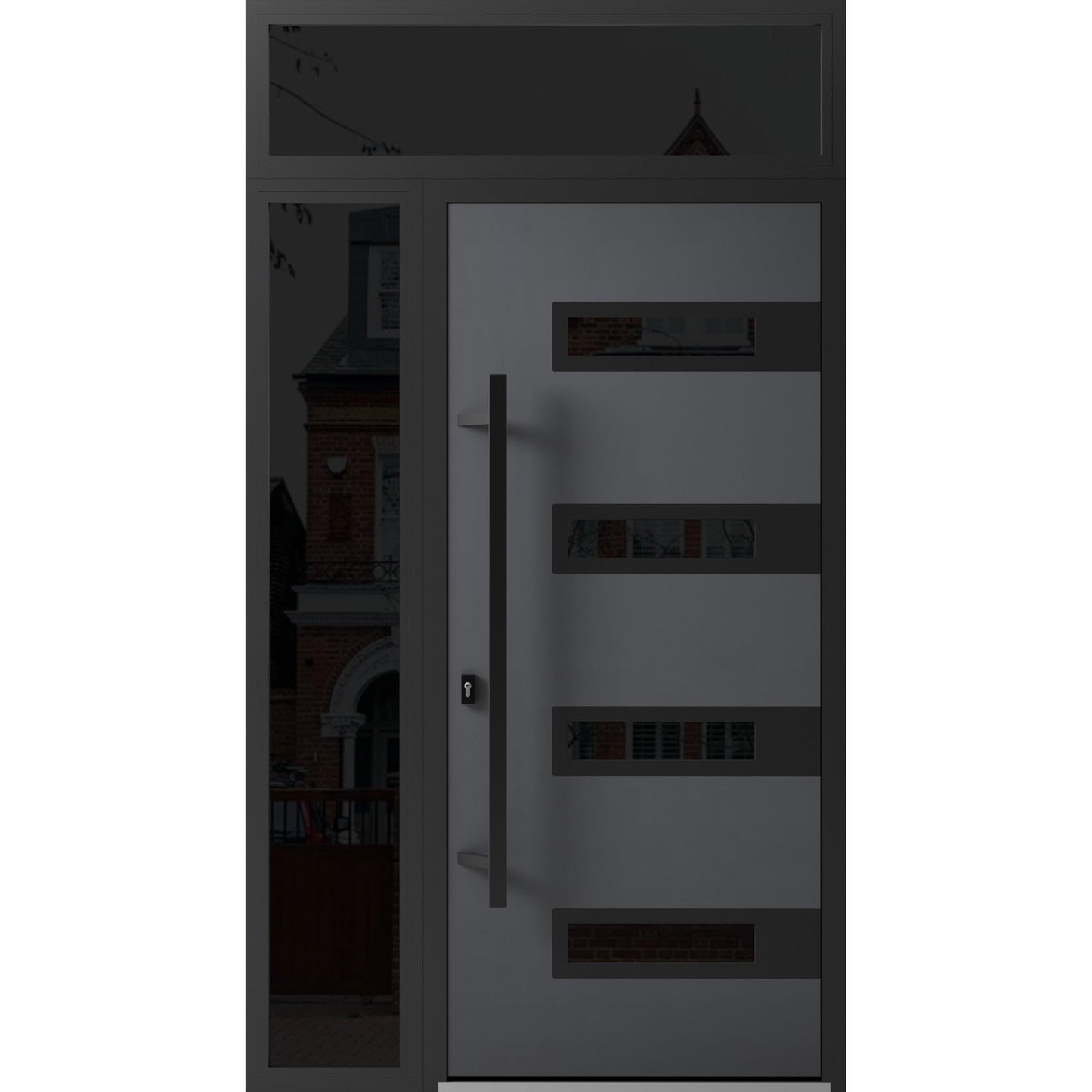 Front Exterior Prehung Steel Door/Ronex 0131 Grey/Side and Top Exterior Window Sidelite/Entry Metal Modern Painted W36+12" x H80+16" Right Hand Inswing