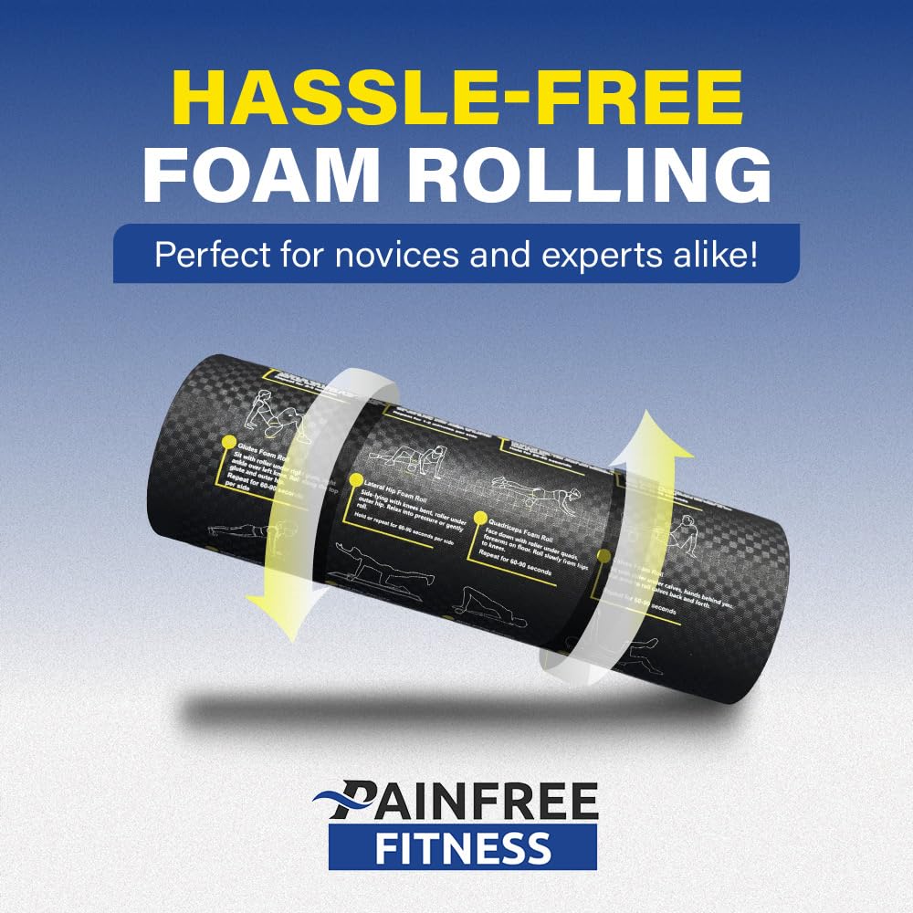 Pain-Free Fitness Foam Roller with Printed Exercises - 17.7''x 6'' Lightweight EPE/PE Exercise Roller Foam - Includes 12 Guided Stability, Mobility & Recovery Moves - Dual Color Instructional Design