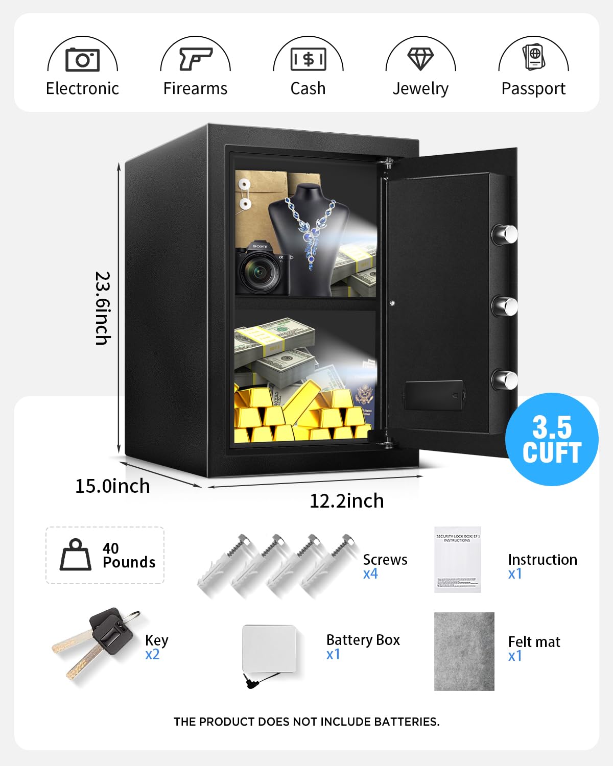 TOTOY 3.5 Cu Ft Large Safe Box For Home Documents with Emergency Battery Box - Steel Fireproof Security Safe Lock Box with Electronic Keypad, LED Sensor Light- Safety Box For Cash, Jewelry