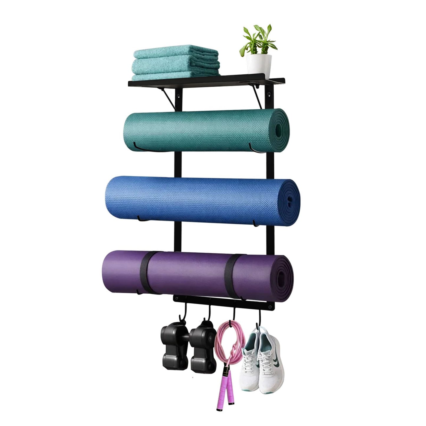 Avoirdus Yoga Mat Holder Wall Mount, Wall Mounted Yoga Mat Storage Rack with Shelf & Hooks, Home Gym Yoga Accessory Organizer for Mats, Foam Roller, Bands & Workout Equipment