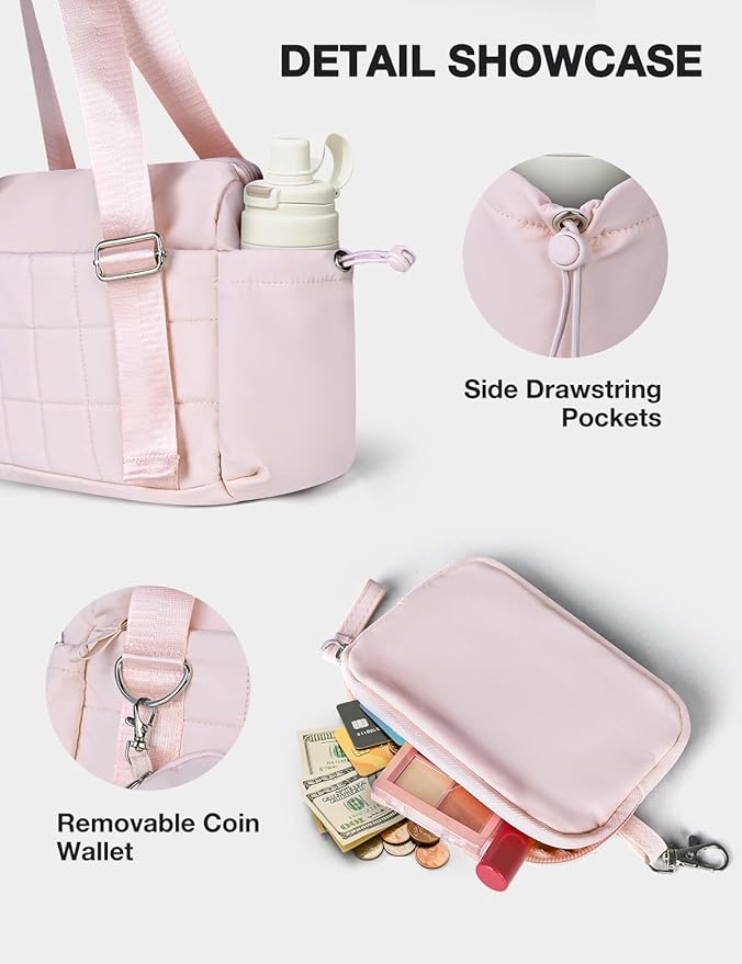 VUUDH Puffy Mini Gym Bag for Women, Carry On Multi-Pocket Water-Resistant Duffel, Lightweight Sports Bag for Fitness, Work, Travel, Daily Commute,Pink