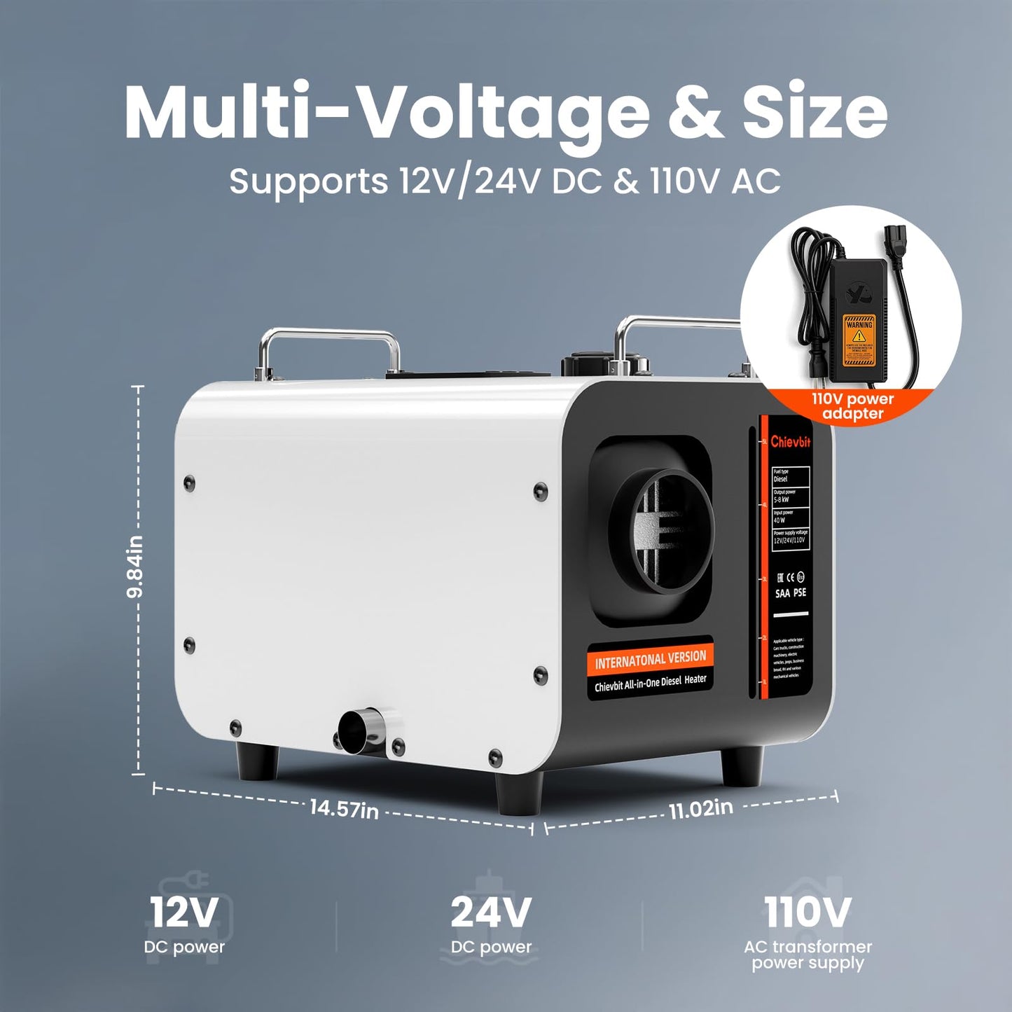 8KW All-in-One Diesel Air Heater, 12V/24V/110V Portable Parking Heating System with 5L Horizontal Fuel Tank, LCD Switch & Remote Control for RV Truck Camper Boat Garage Home