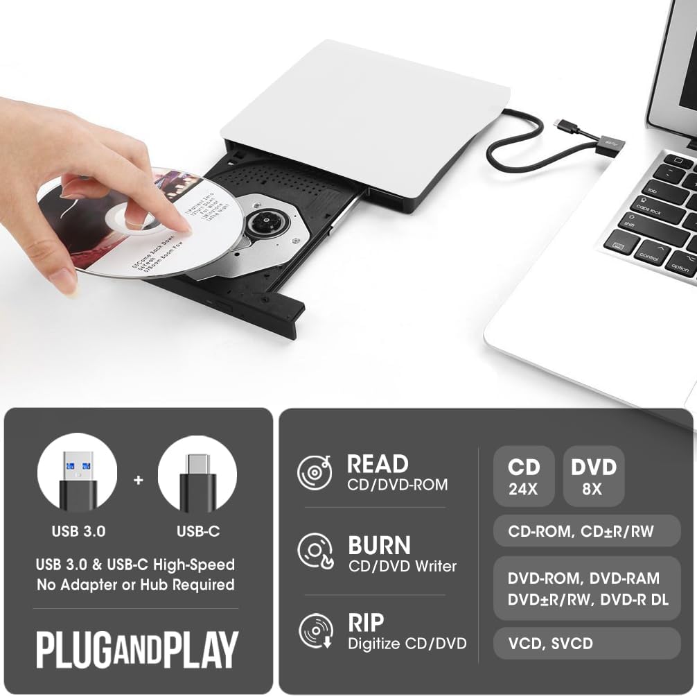 ROOFULL 3.0 11/10/ External CD/DVD Drive for Mac Laptop, USB & USB-C Portable DVD CD ROM Reader Player Burner Writer