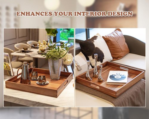 Large Ottoman Tray for Living Room, 20" Extra Large Wooden Tray for Ottoman Square Big Acacia Serving Trays with Handles for Coffee Table, Breakfast, Appetizers, Dinner