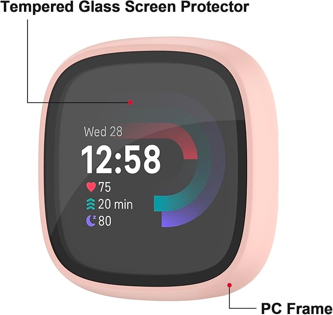 Vancle Case for Fitbit Versa 4 / Fitbit Sense 2, 4-Pack Screen Protector Tempered Glass Full Around Hard PC Case with Sensitive Touch Film Protective for Fitbit Sense 2 / Versa 4(Transparent + Starlight + Pink + Rose Gold)