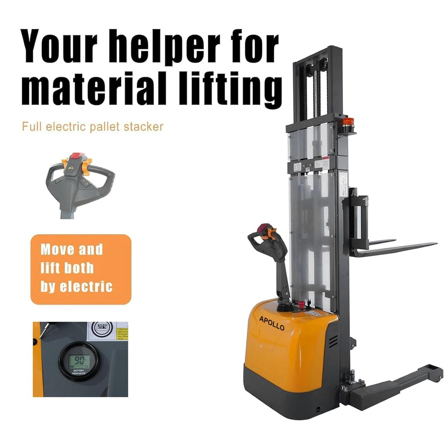 APOLLO Full Electric Stacker Powered Straddle Forklift 3300 lbs Capacity 98'' Lifting Height with Adjustable Forks and Legs Material Lifter