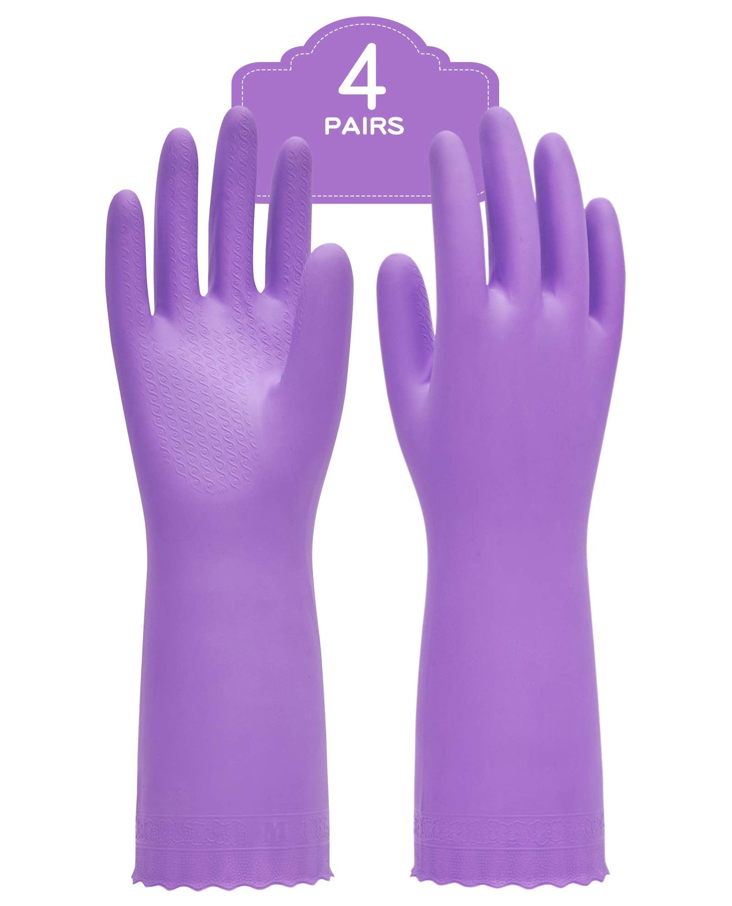 PACIFIC PPE 4 Pairs Reusable Dishwashing Cleaning Gloves with Latex Free, Cotton Lining, Kitchen Gloves, Purple, Medium