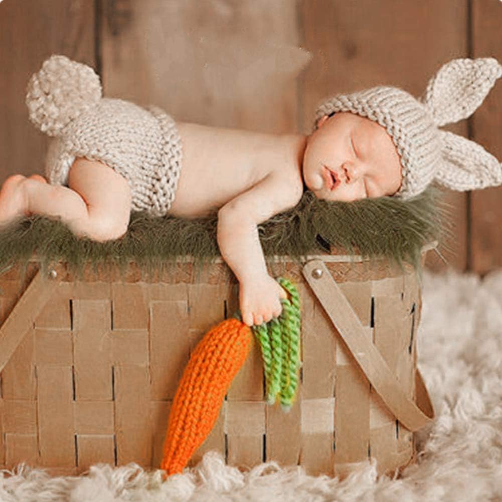 1st IDOPIP Newborn Baby Easter Bunny Photography Props Costume Boy Girl Crochet Knit Rabbit Hat Diaper Carrot Birthday