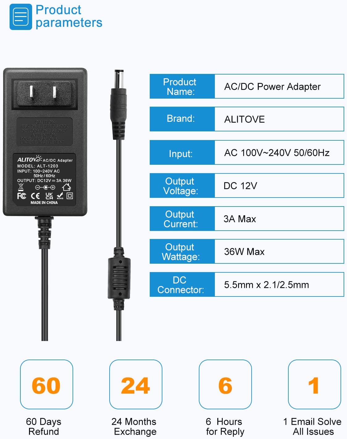ALITOVE 12V 12 3A 36W 12V 2.5A 2A 5.5x2.5mm 3D 2-Pack Power Supply Volt AC/DC Adapter DC Power Cord AC to DC Converter