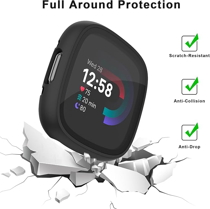 Vancle Case for Fitbit Versa 4 / Fitbit Sense 2, 4-Pack Screen Protector Tempered Glass Full Around Hard PC Case with Sensitive Touch Film Protective for Fitbit Sense 2 / Versa 4 (Black*4)