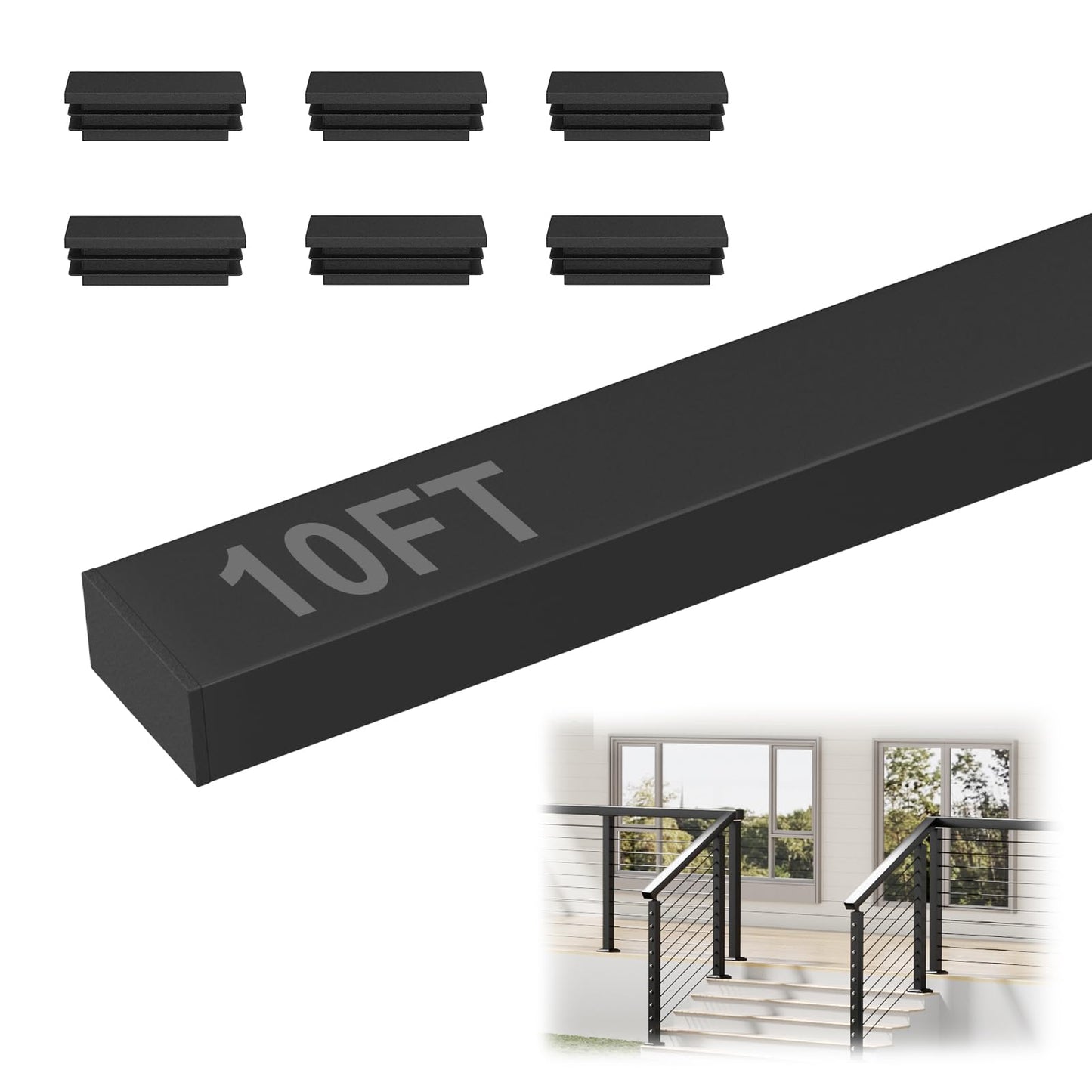 RailinGo 10FT Rectangular Cable Railing Handrail, Black Stainless Steel Handrail with Nylon End Caps for Deck Stair Railing System, 10' Flat Top Cuttable Deck Cable Rail Post System, RG01-H