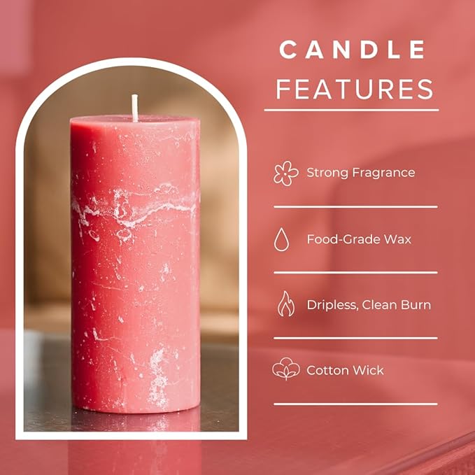 Simply Soson 3x6 inch Pink Rustic Peony and Rose Pillar Scented Candle - 3 Pack - for Home Decor, Aromatherapy, Weddings, Restaurants, Spa, Church