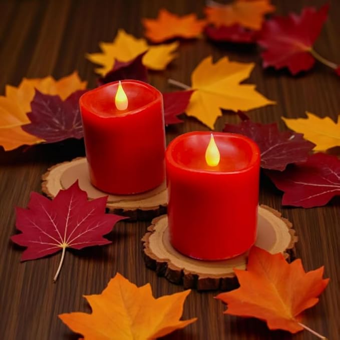 Red Flameless LED Candles 3 inch Diameter Real Wax 2AA Battery Operated 600hr+ Flickering Candles with Timer Remote Control for Halloween Thanksgiving Christmas Wedding Indoor (Red, 3″×3″- 2 PCS)