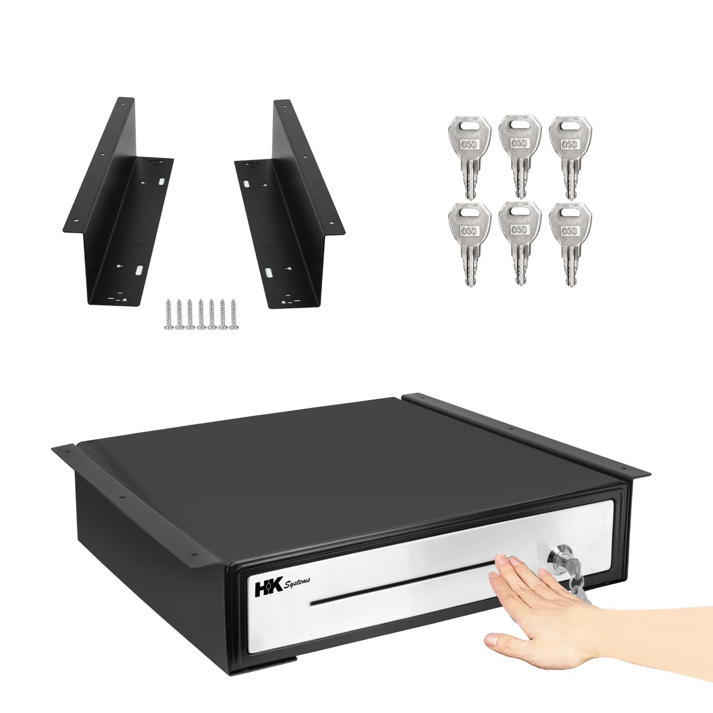 HK SYSTEMS 16" Heavy Duty Black Push Open Cash Drawer, 5B5C with Under Counter Mounting Metal Bracket