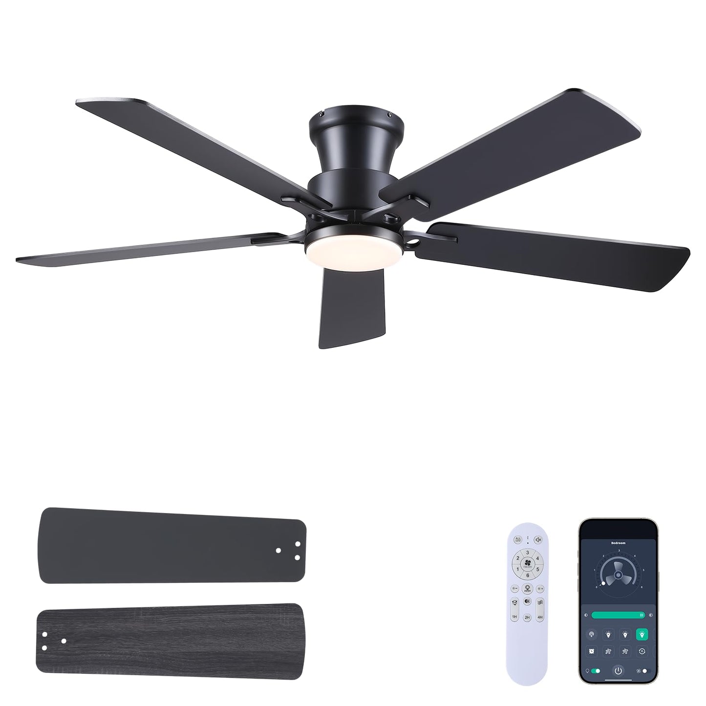 JSAITEE Ceiling Fans with Lights - Flush Mount Low Profile Flush Mount Ceiling Fans,DC Reversible Motor, 3CCT Dimmable, Noiseless, 6 Speeds Black Modern Ceiling Fan for Indoor/Outdoor