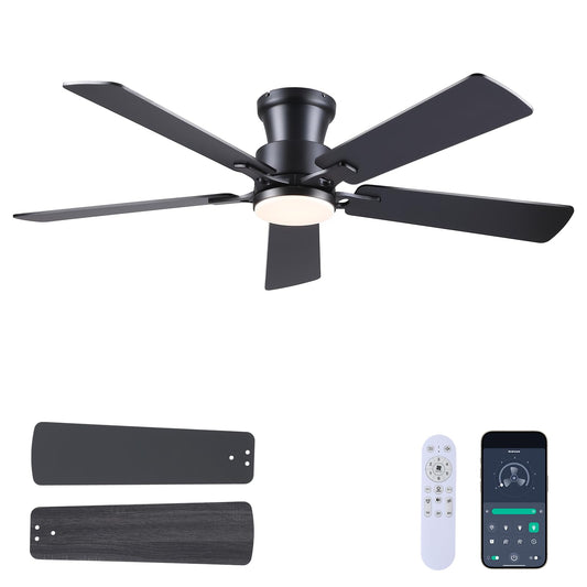 JSAITEE Ceiling Fans with Lights - Flush Mount Low Profile Flush Mount Ceiling Fans,DC Reversible Motor, 3CCT Dimmable, Noiseless, 6 Speeds Black Modern Ceiling Fan for Indoor/Outdoor