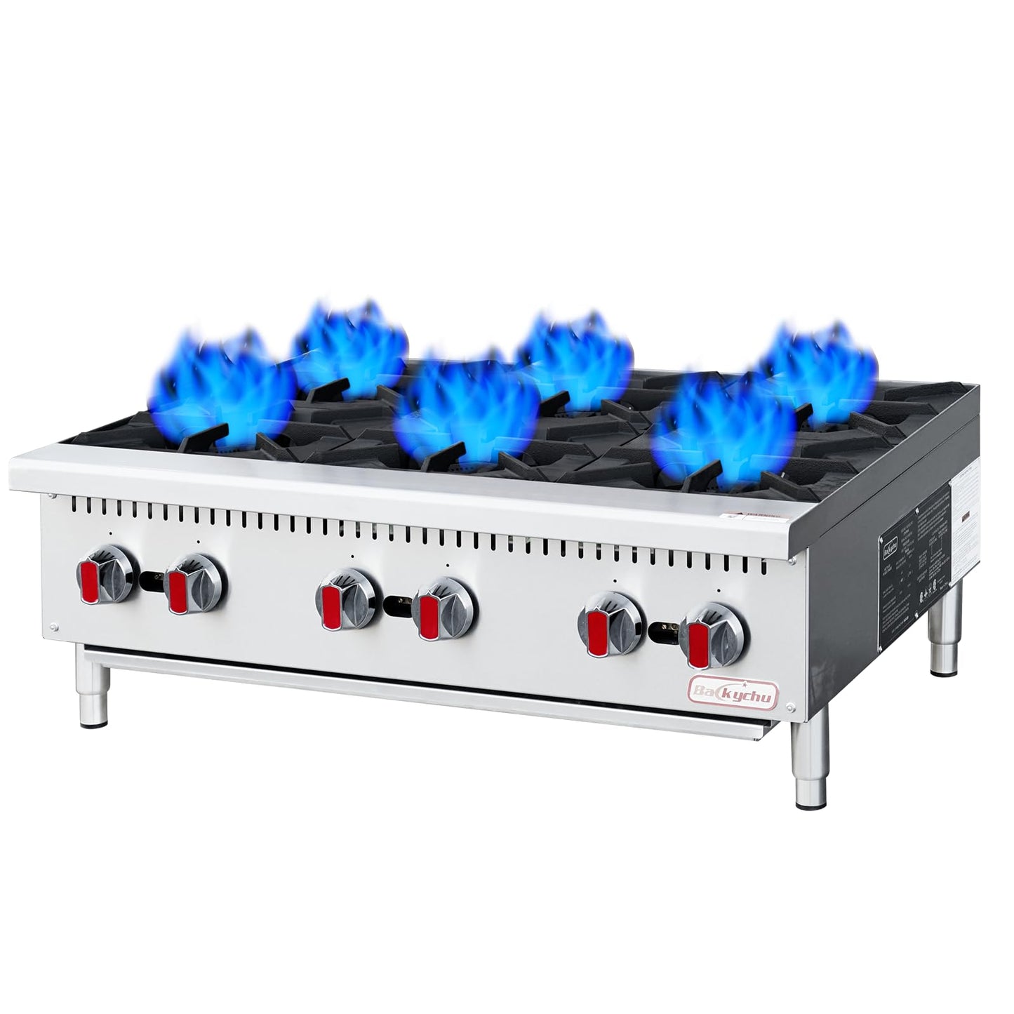 Backychu Commercial Gas Stove 6-Burner - 150,000 BTU Countertop Cooking Stove Range, Heavy-Duty Hot Plate, Stainless Steel Cooking Equipment for Restaurant, kitchens, Propane/Natural Gas