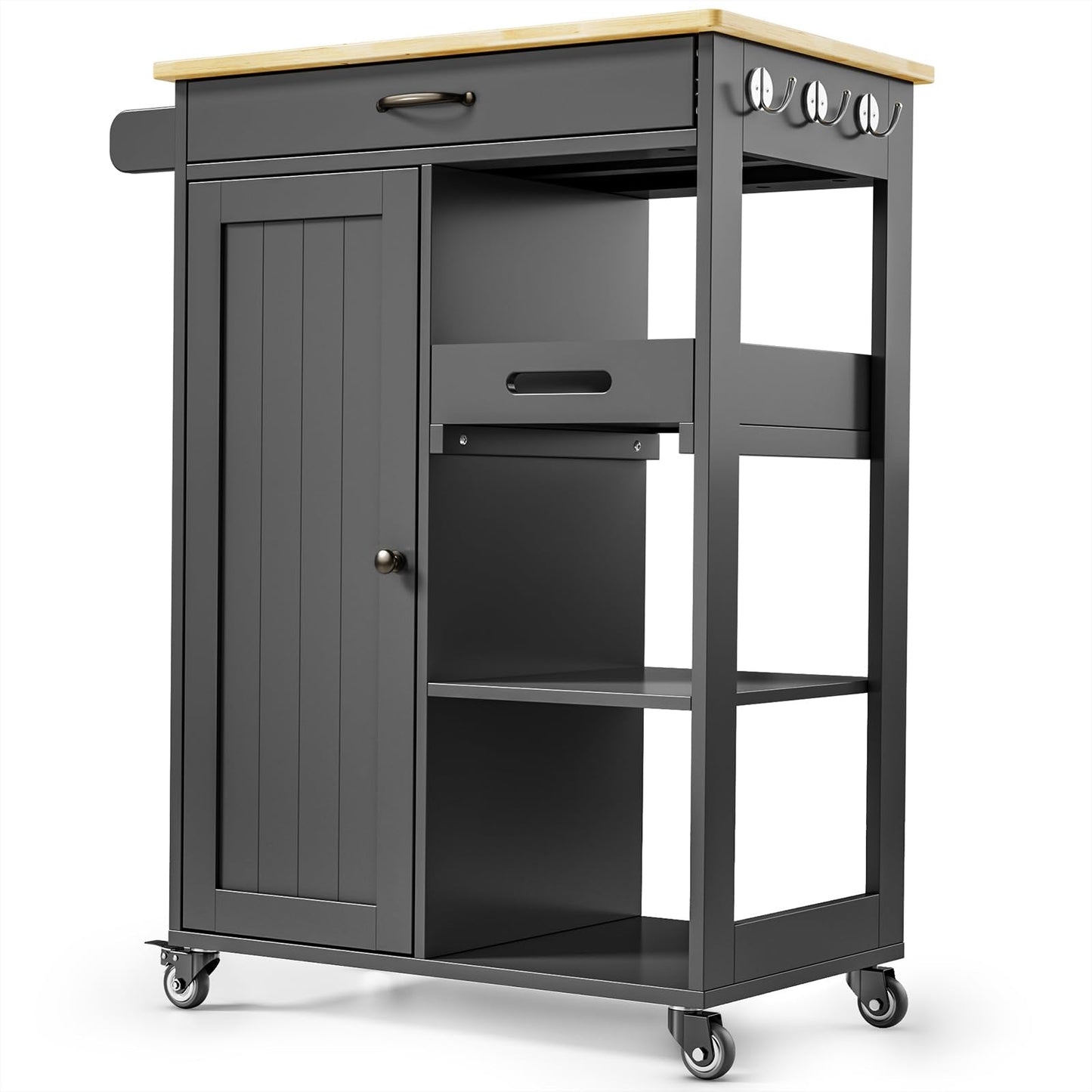 Gizoon Kitchen Island Cart with Solid Wood Top, Rolling Serving Utility Trolley Cart with Drawer, Cabinet, Towel Rack, Hooks and 3 Open Storage Shelves, Mobile Storage Cart for Dining Room, Bar, Black