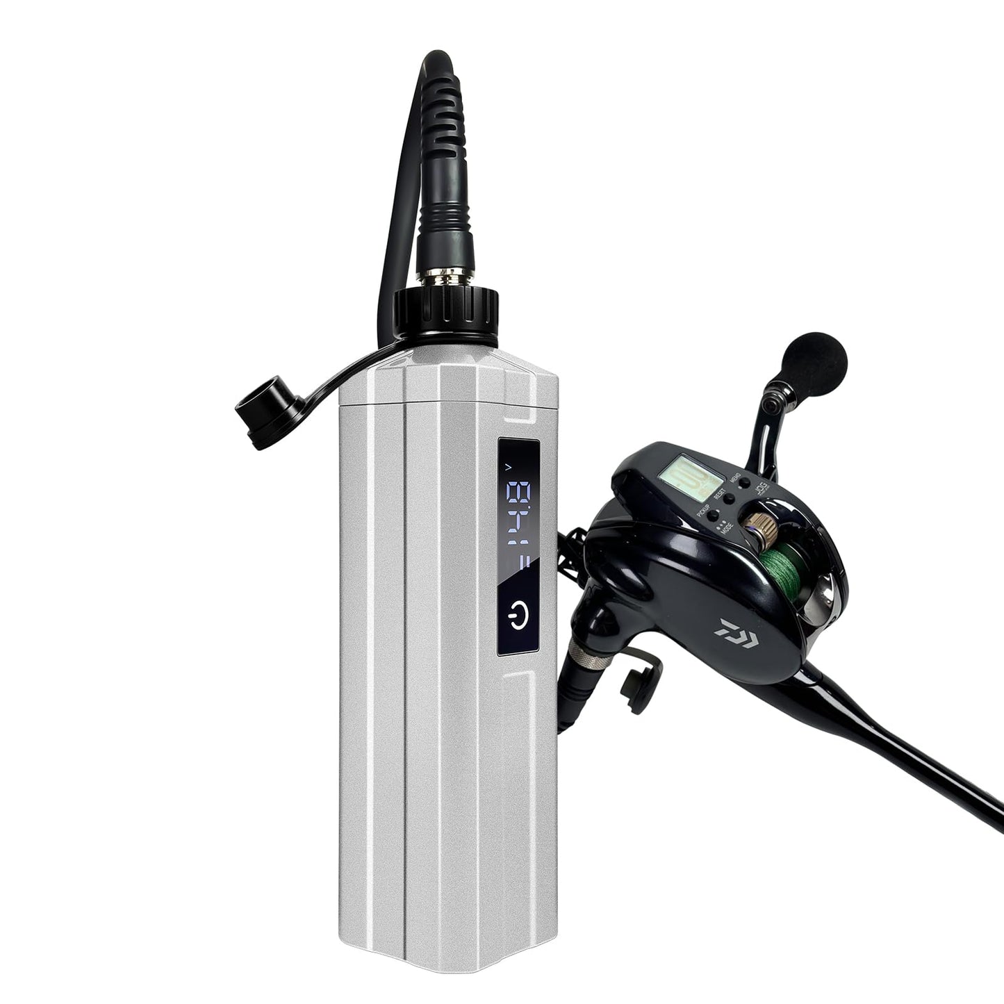 YL-HLOT electric fishing reel battery. IP68 waterproof. Rust prevention. Latest model with digital LED display. Includes 4.9ft power cord. Compatible with Daiwa & Shimano electric reels (Silver. 10Ah)