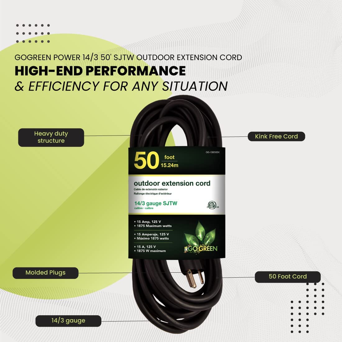 Go Green Power Inc. 50ft Outdoor Extension Cord, Black, Pack of 8-14/3 SJTW, Contractor Grade, Durable, and Moisture Resistant