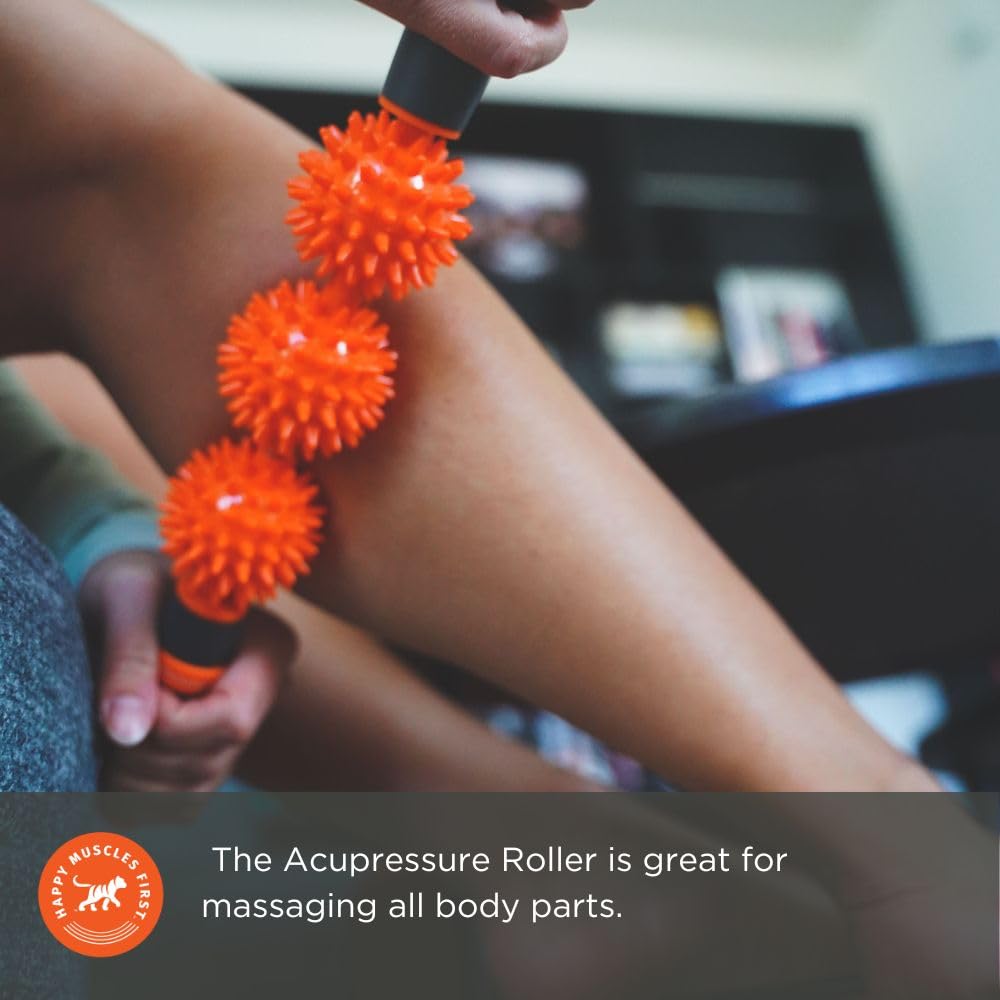 Tiger Tail Pressure Point Muscle Roller Massage Stick, The Spiky Roller, 17" Roller with Three 2.25" Independently Rolling Spiked Balls (Acupressure Roller)