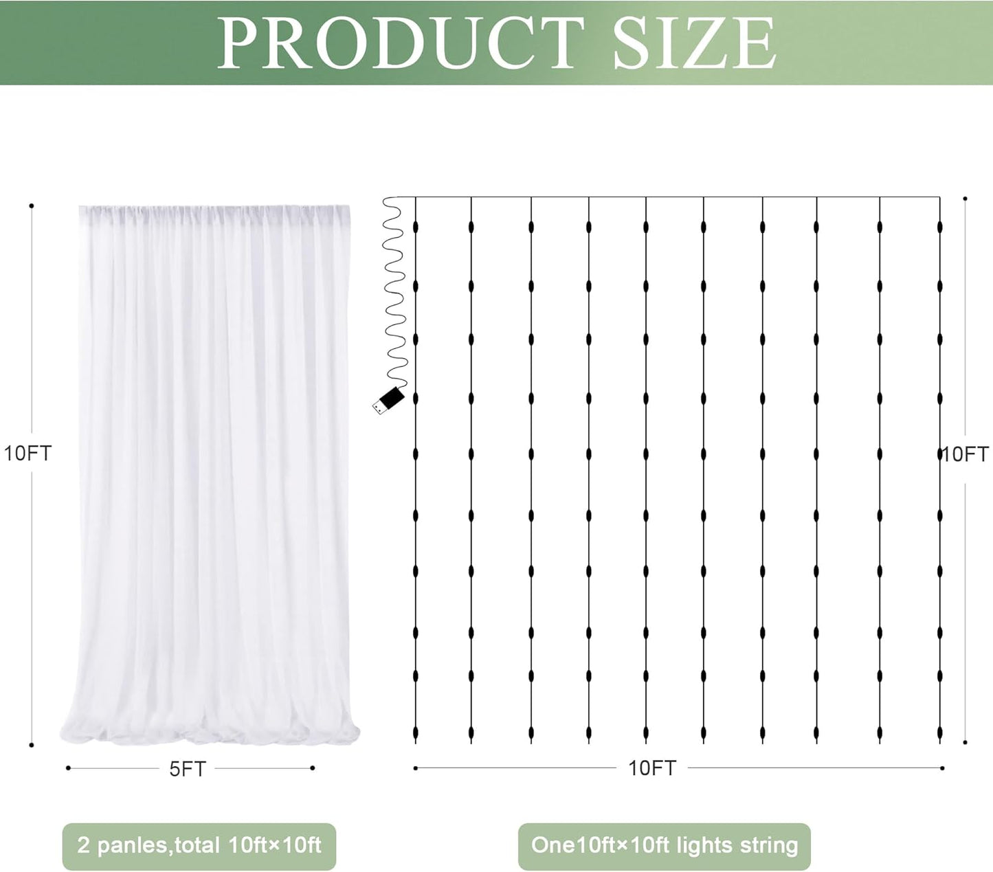 10FT 10FT (2 5x10FT) Tulle Backdrop Curtain with Lights String X White Sheer Tulle Backdrop Curtains for Wedding
