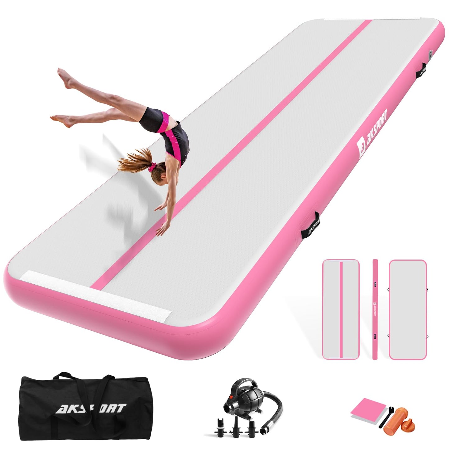 AKSPORT Inflatable Gymnatsics Mat Tumble Track 10ft 13ft 16ft 20ft 23ft Air Tumbling Mat with Air Pump for Home Use/Training/Cheerleading/Yoga