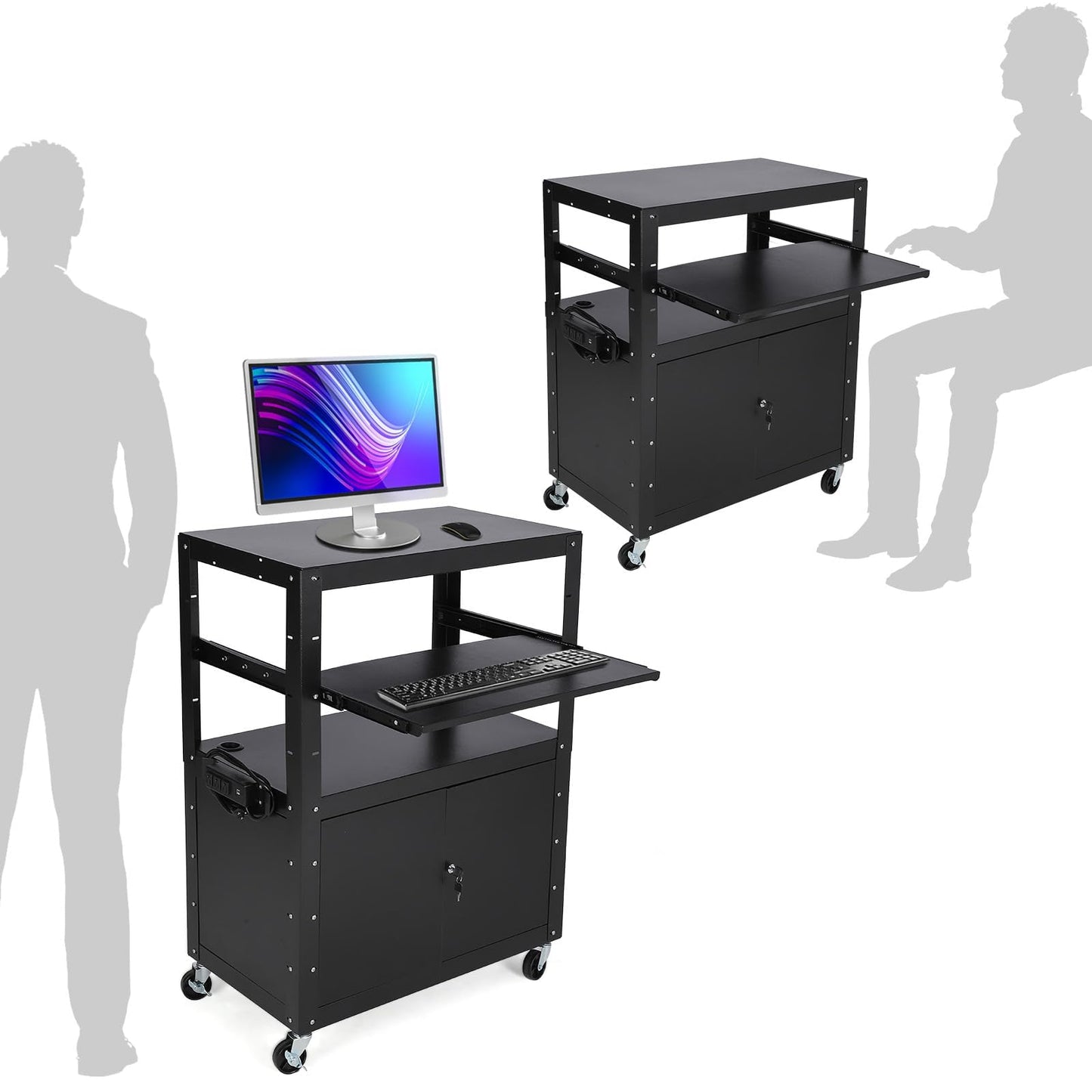 GAOMON Rolling AV Cart with Locking Cabinet, Laptop Stand, and Drop Leaves, Height Adjustable Mobile Utility Cart Workstation with Extra Storage Space, Power Strip