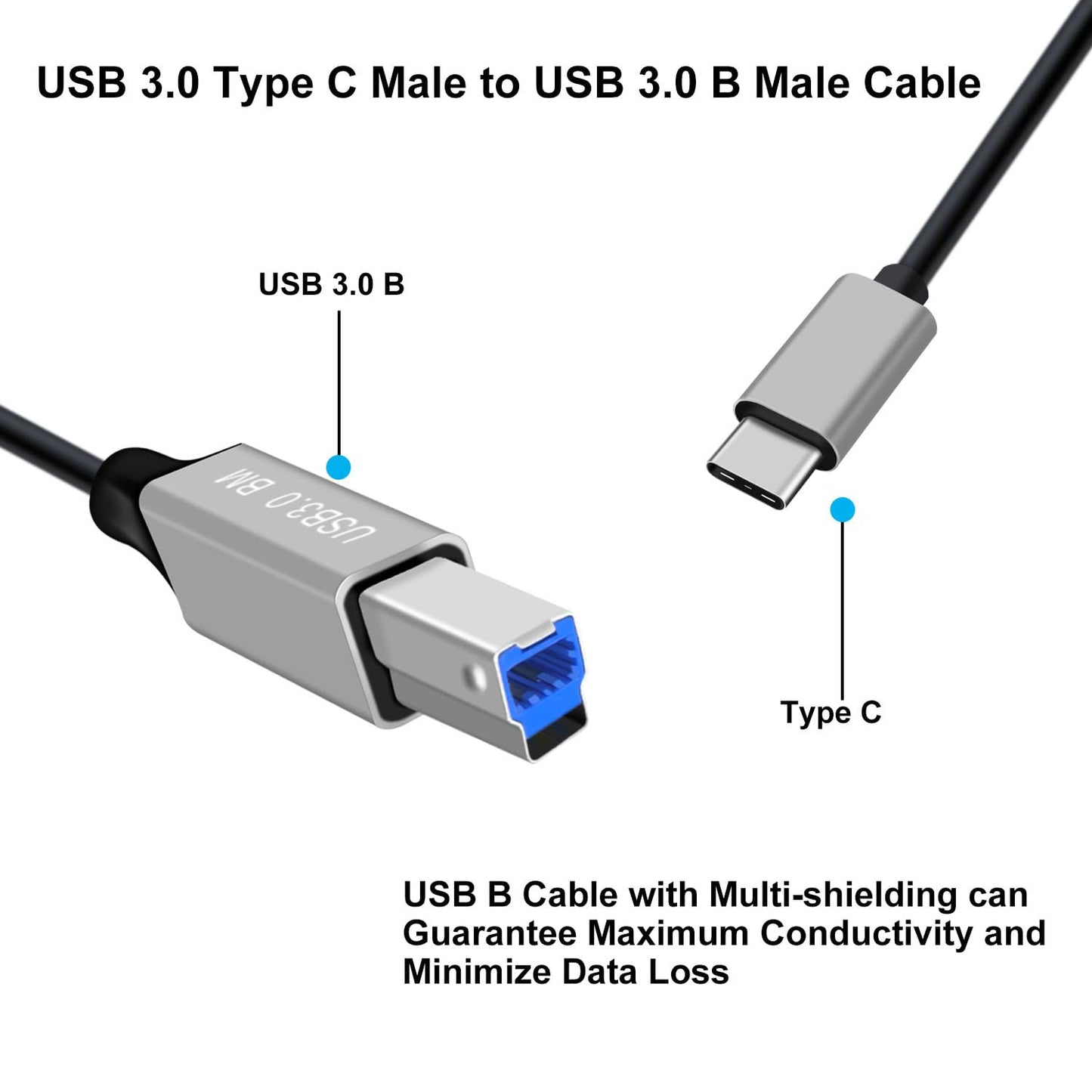 YINGAYOU 3.0 5Gbps, 1 Coiled USB c to B Printer Cable Coiled USB Printer Cable Super Speed for Scanner, External Hard