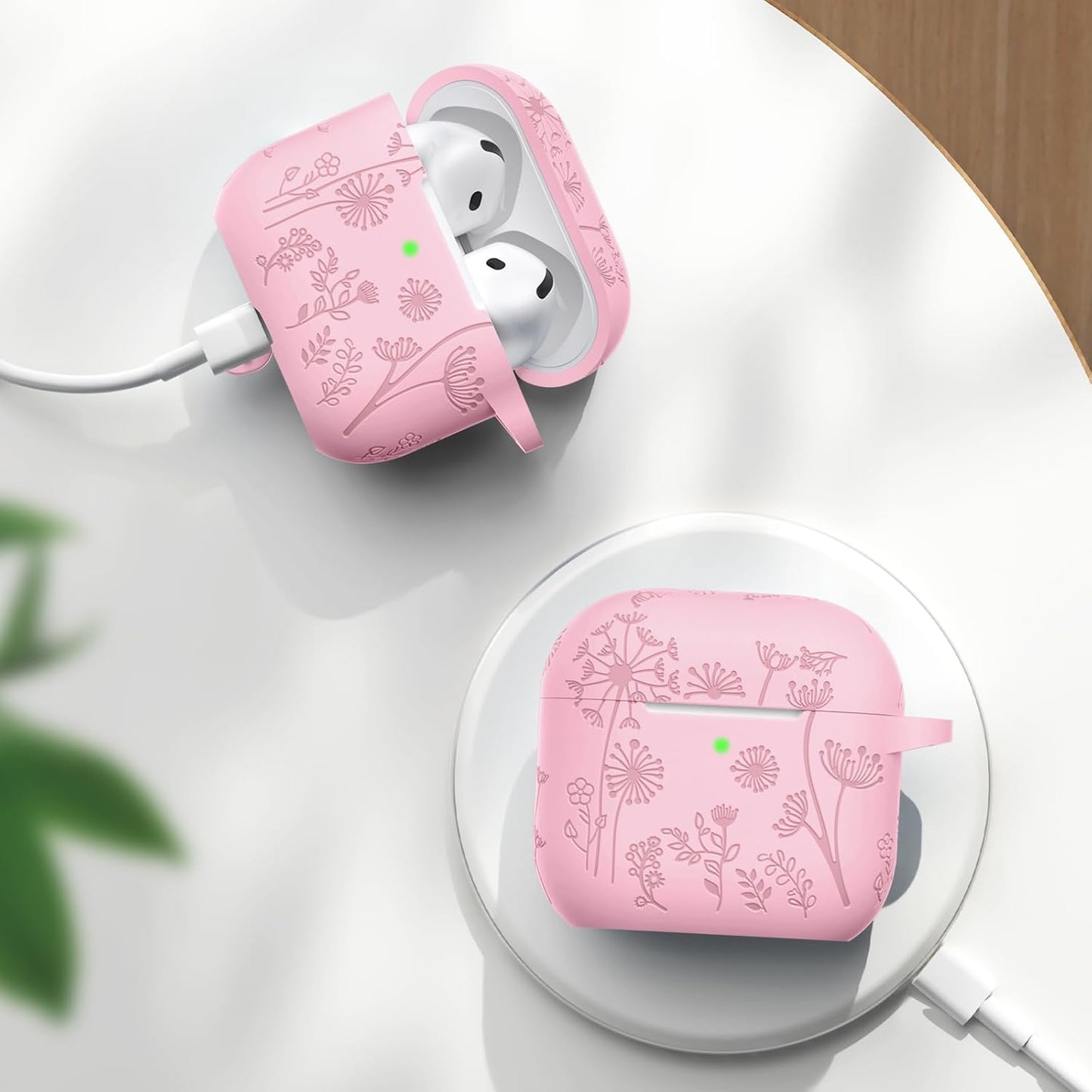 Lerobo 4 4 2024 for Airpods Case Cover with Cleaner Kit, Cute Flower Engraved Silicone Protective Case Cover