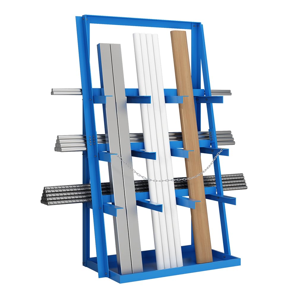 Yeeoy Vertical Bar Rack, 3000 LB Capacity, Heavy Duty Long Parts Storage Rack, Lumber Storage Rack with Safety Chain, Pipe Organizer Shelf for Garage Workshop Factory, Blue
