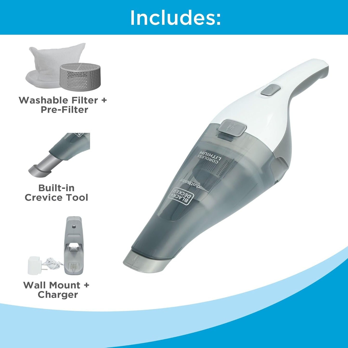 BLACK+DECKER Cordless Handheld Vacuum - Portable Car Vacuum with Strong Suction & QuickClean (HNVC215B10)