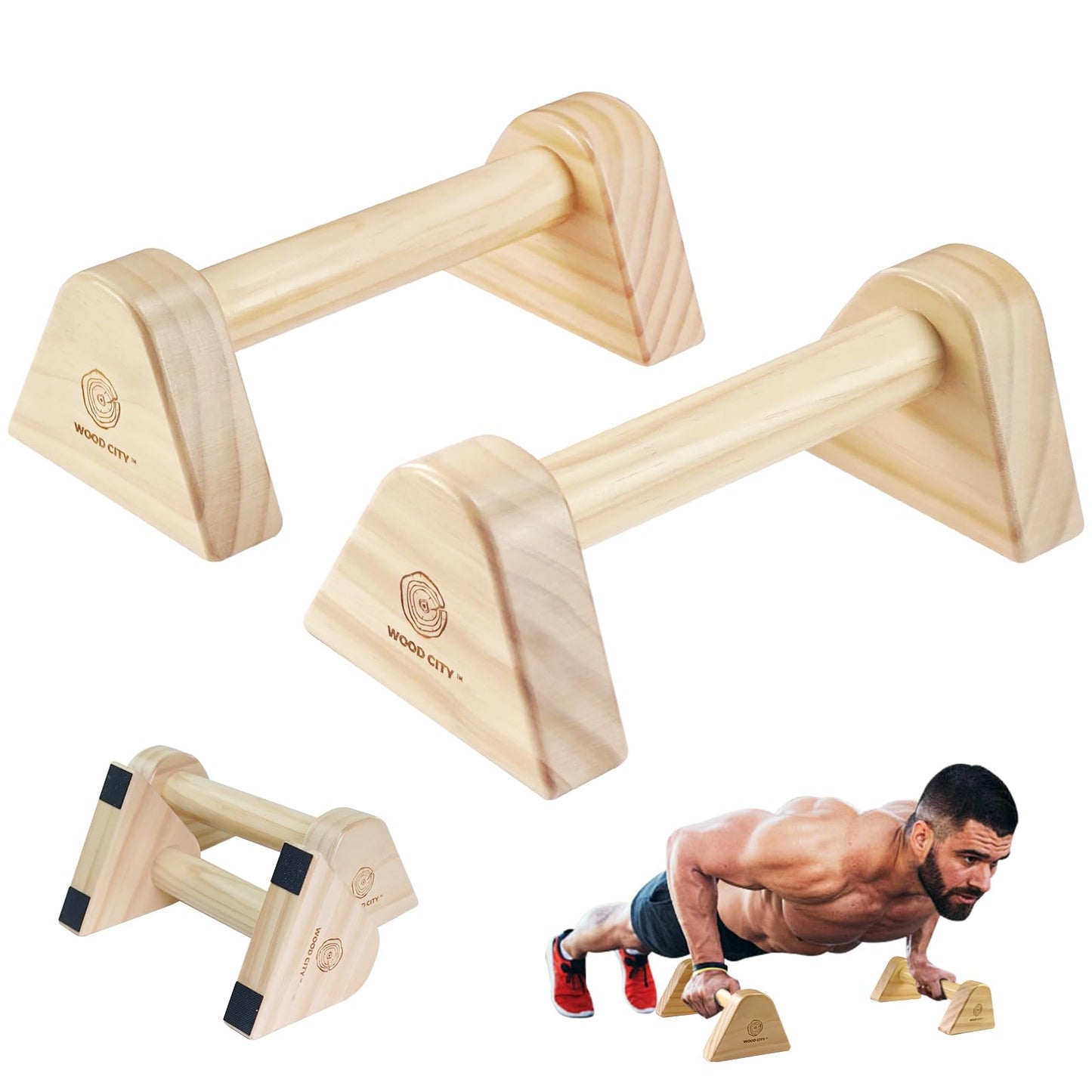 WOOD CITY 2 PCS Wood Push Up Bars Stands with Non-Slip Base, Supports Aerobics and Upper Body Strength Training for Men and Women, Joint-friendly Beech Wood Home Fitness Equipment