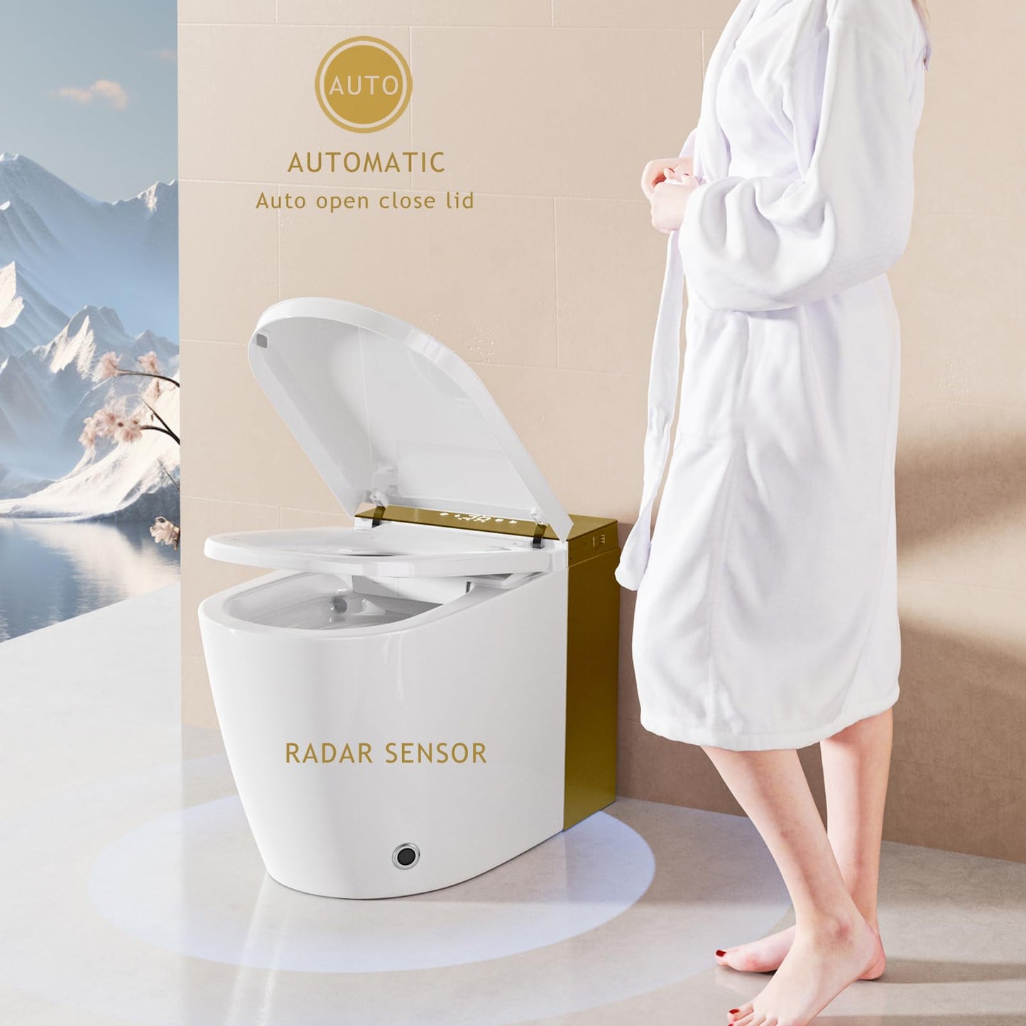 BONSAM Smart Toilet with Auto Open/Close Lid, Modern Toilet with Bidet Built In, Foam Shield, Auto Flush, Warm Water&Dryer, Self-Cleaning Heated Seat Toilet with Remote Control for Seniors & Families.