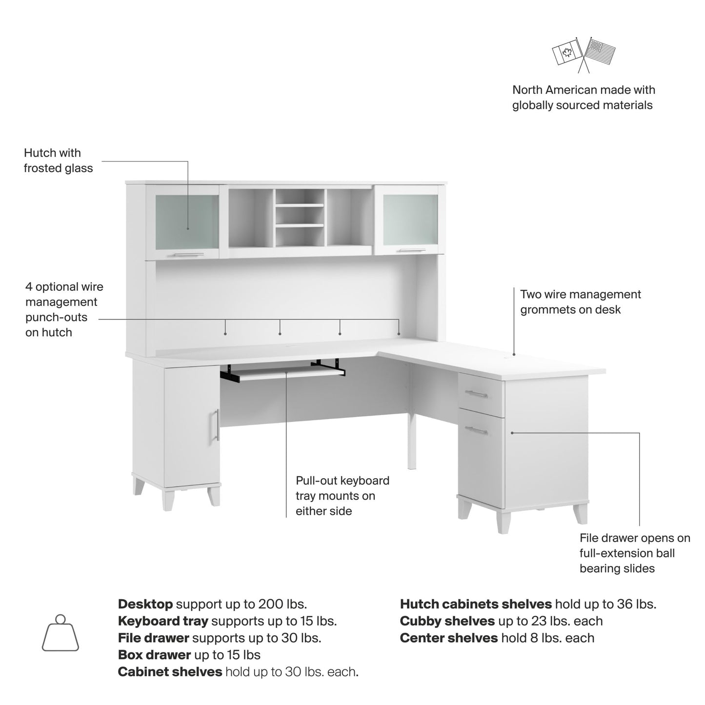 Bush Furniture Somerset L Shaped Desk with Hutch in White | Corner Computer Table with Drawers, Cabinets and Pullout Keyboard/Laptop Tray for Home Office