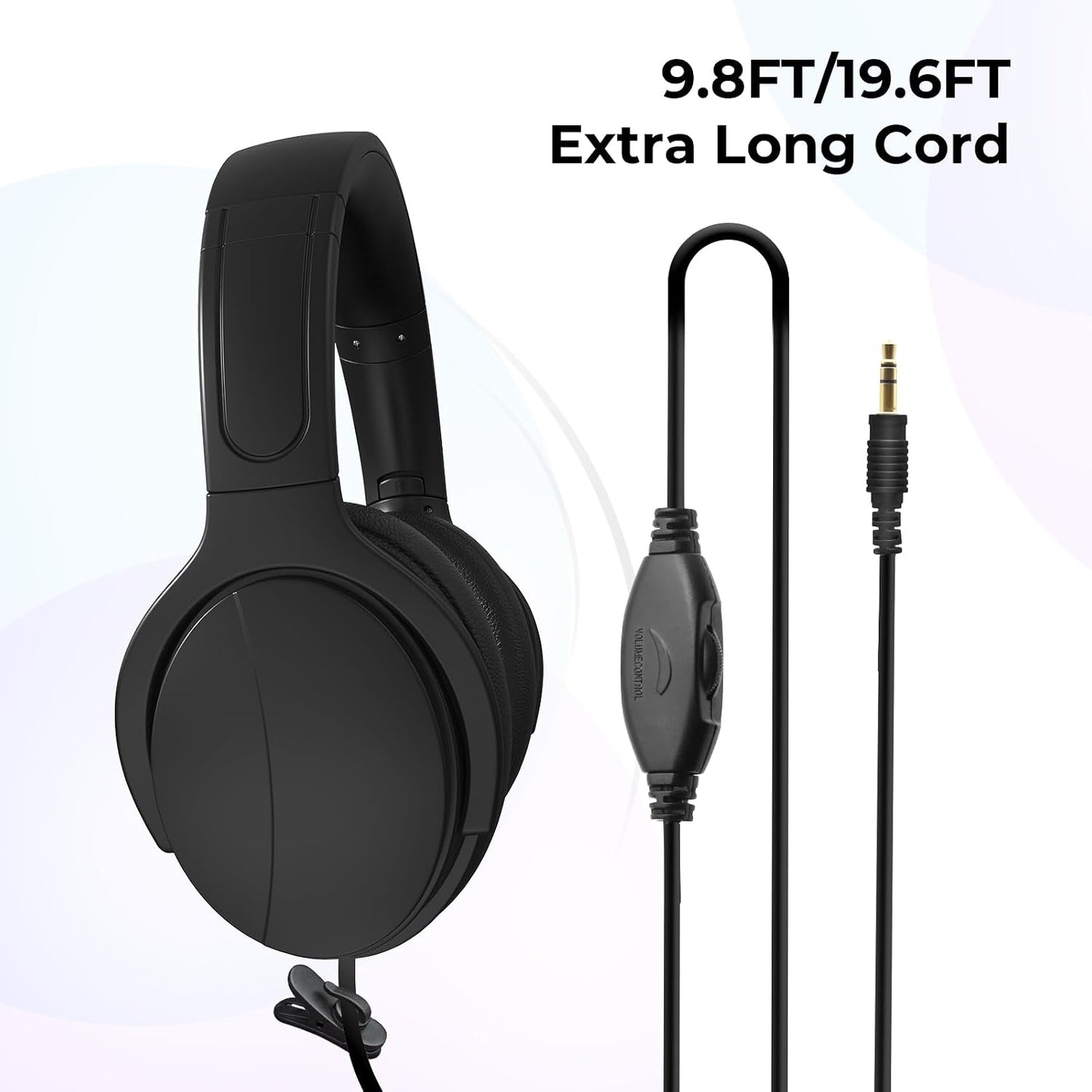 100SEASHELL 3.5mm Audio(19FT) Long Cord Tv Headphones for Seniors with Volume Control Wired Over The Ear Headphone