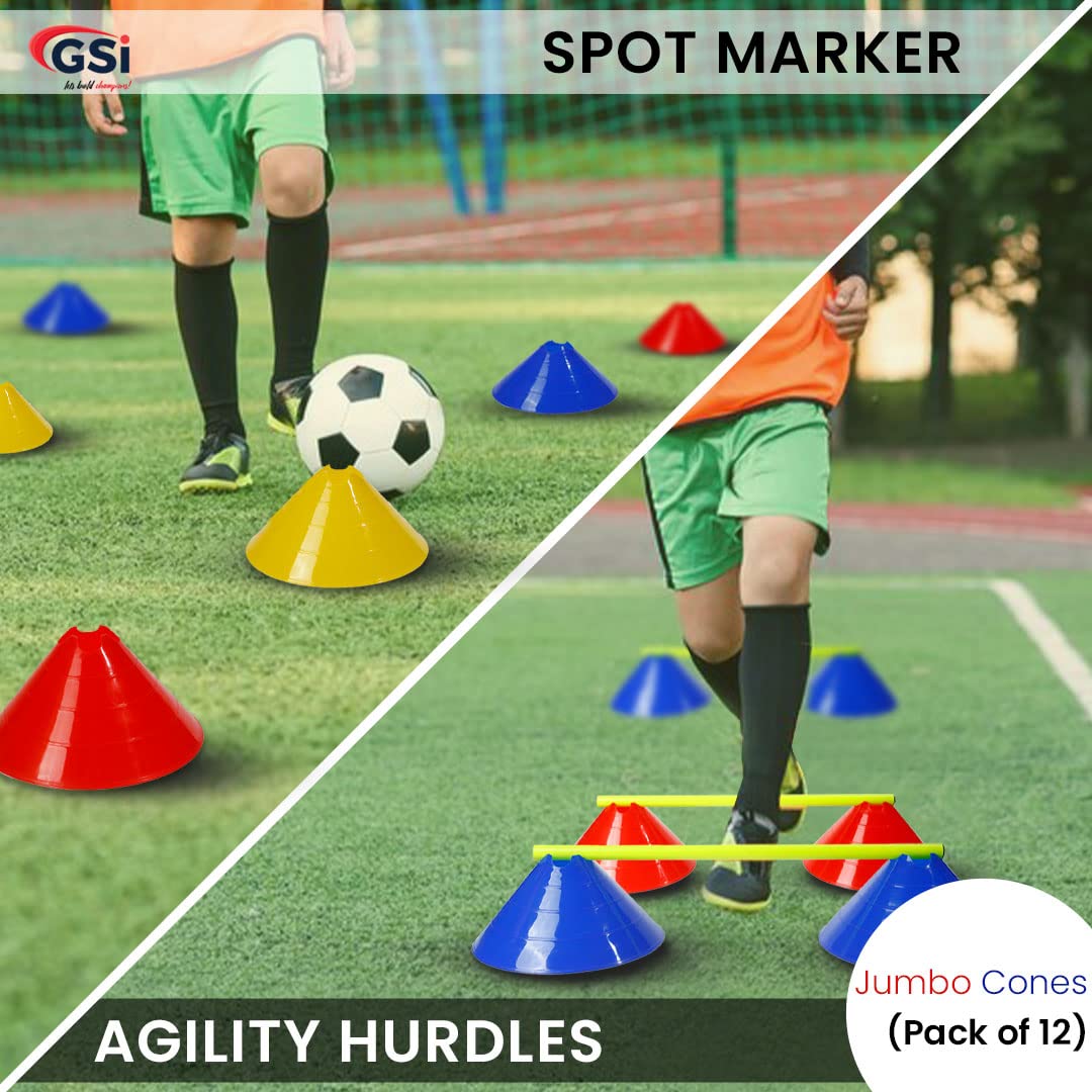 GSi Jumbo Soccer Cones - 12 Pack | High Visibility | Convertible Cone/Hurdle | Carry Strap Included | for Sports Training Drills