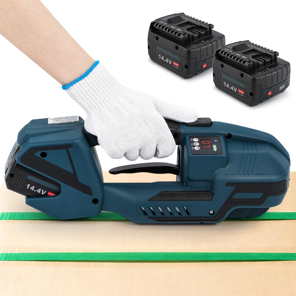 Flyrivergo Electric Strapping Machine 2 x 4000mAh Battery, Automatic Strapping Tool Banding Machine for 1/2-5/8in PP PET Straps Digital Display Tensioner Kit for Warehouse Pallet & Box Packaging