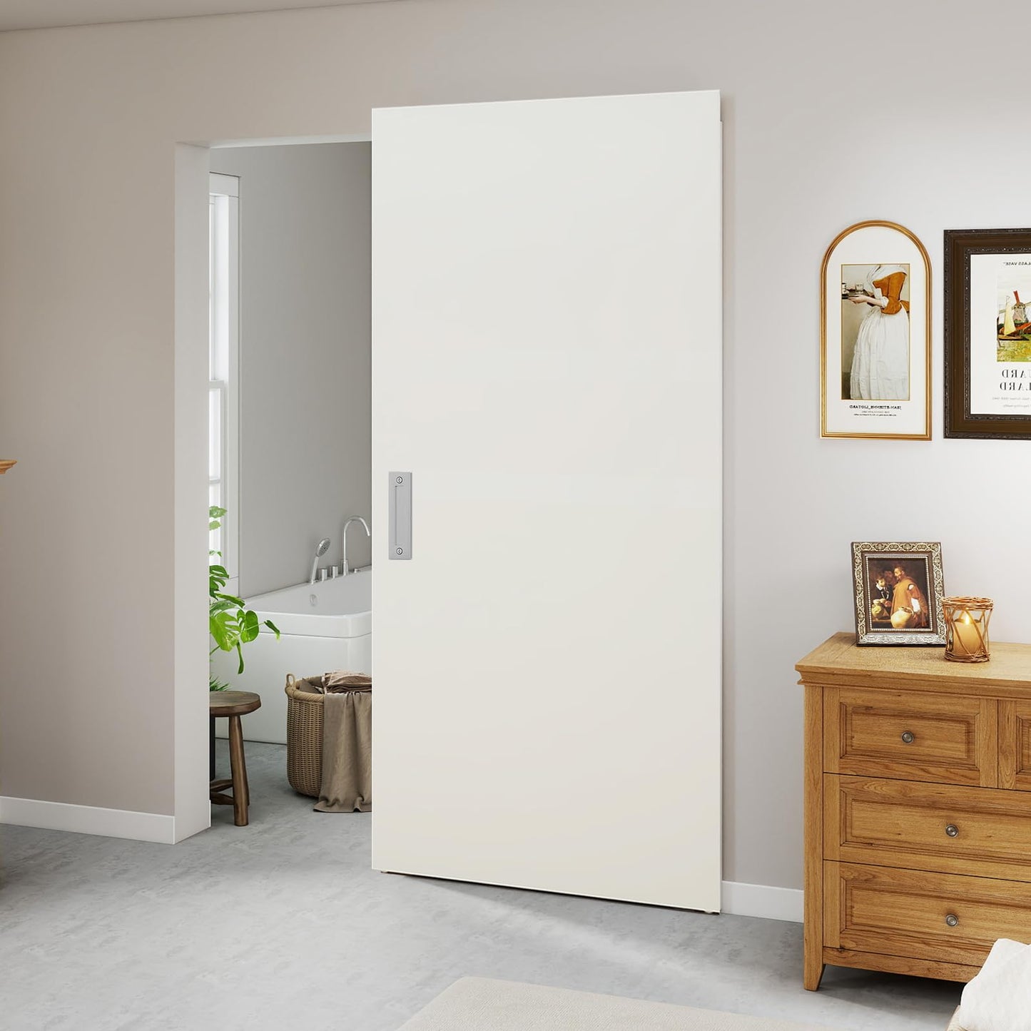 BarnSmith 42"x80" Concealed Sliding Barn Door, White Primed Flush Solid Core Sliding Hidden Barn Door with Soft Close Installation Hardware and Double Sided Pulls Included