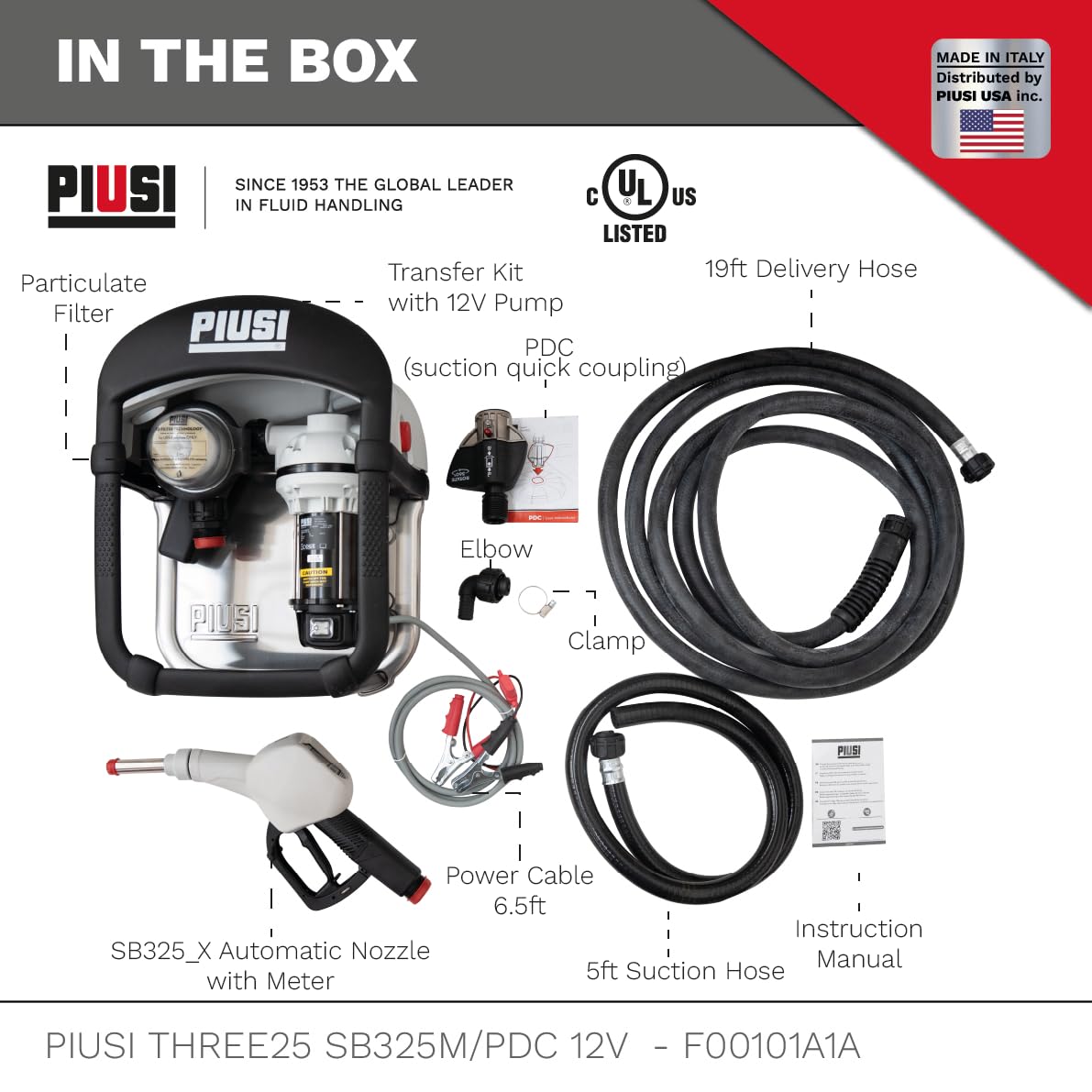 Piusi THREE25 DEF Transfer Pump Kit 9 GPM Equipped with Filter, 19 ft Discharge Hose, Automatic Nozzle with Meter Specifically Designed for IBC Tanks (DC 12V)