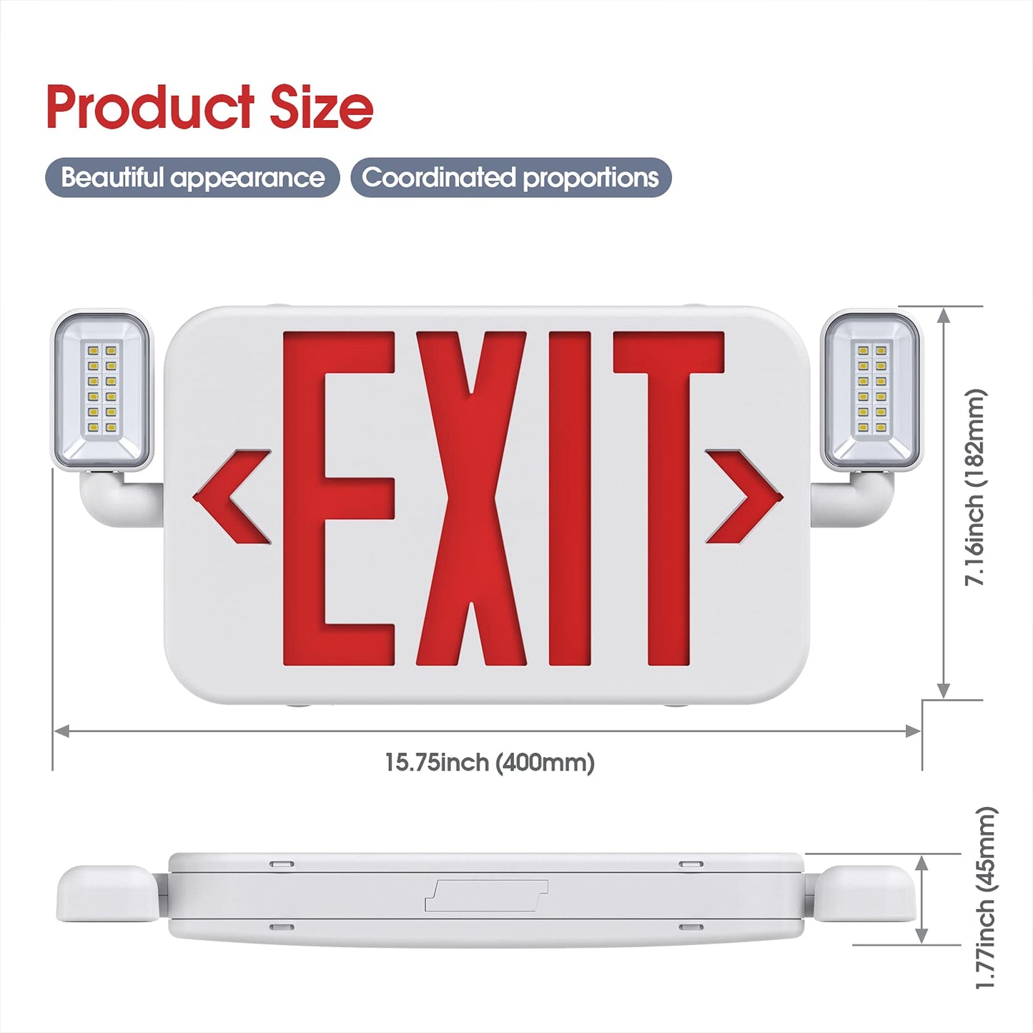 SITISFI Led Combo Emergency Exit Sign Light with Two Adjustable Head Lights and Backup Battery Exit Light,US Standard Red Letter Commercial Emergency Exit Lighting,UL 924,AC120/277V (2Pack)