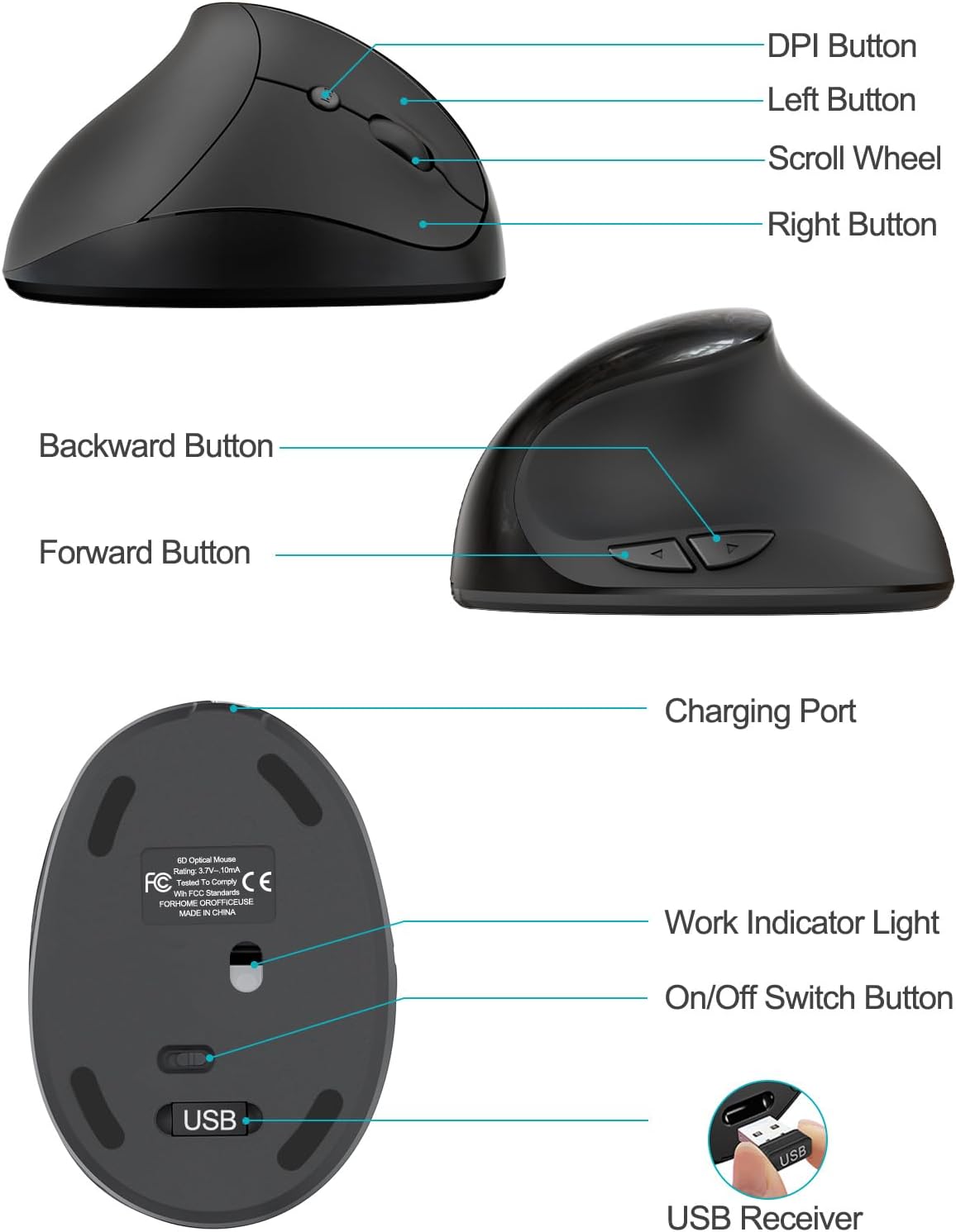 Lekvey 3 Ergonomic Mouse, Vertical Wireless Mouse for Small/Medium Hands, Rechargeable with USB Receiver, DPI