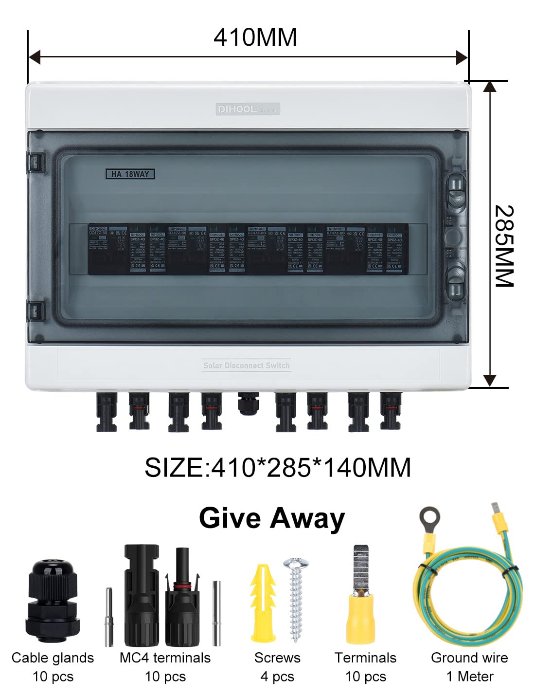 DIHOOL Solar Disconnect Switch 40Amp DC Circuit Breaker with Surge Protector PV Combiner Box for Solar Panel 4 in 4 Out 1000V