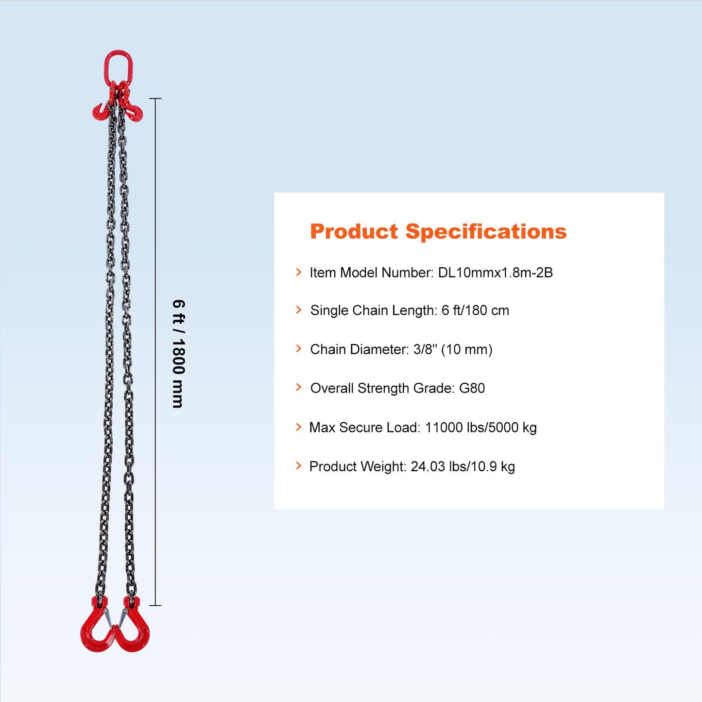 VEVOR Chain Sling, 3/8 inch x 6 ft Lifting Chains with Hooks, G80 Engine Chain Hoist Lifts, 11000 lbs/5 Ton Lifting Sling Chains for Engine Hoist, Engine Lift Chain with 2 Leg Grab Hooks and Adjusters