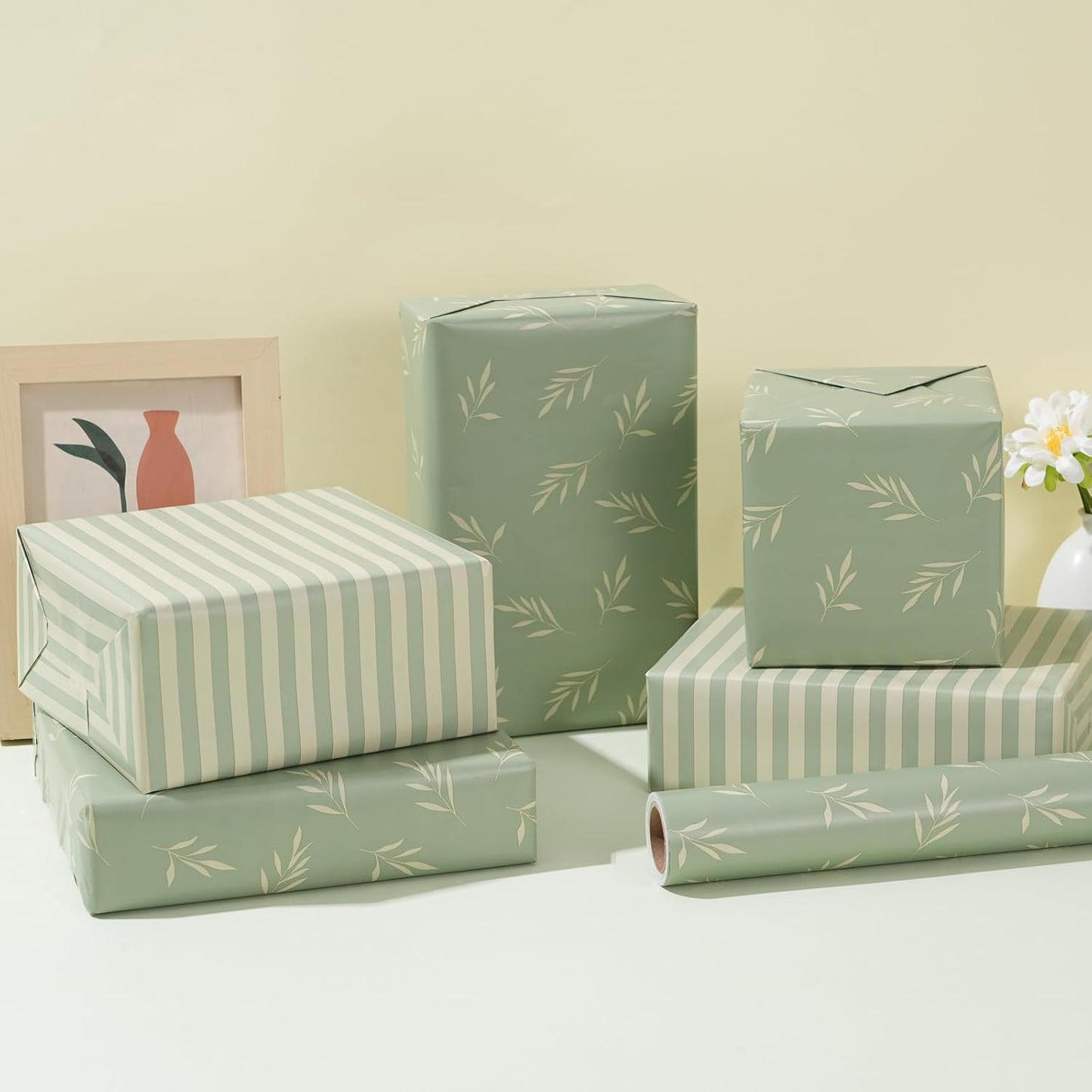 ZINTBIAL Reversible Gift Wrapping Paper Roll - Light Green & Beige Leaves Design - 17.5" x 33' (48 sq. ft.)
