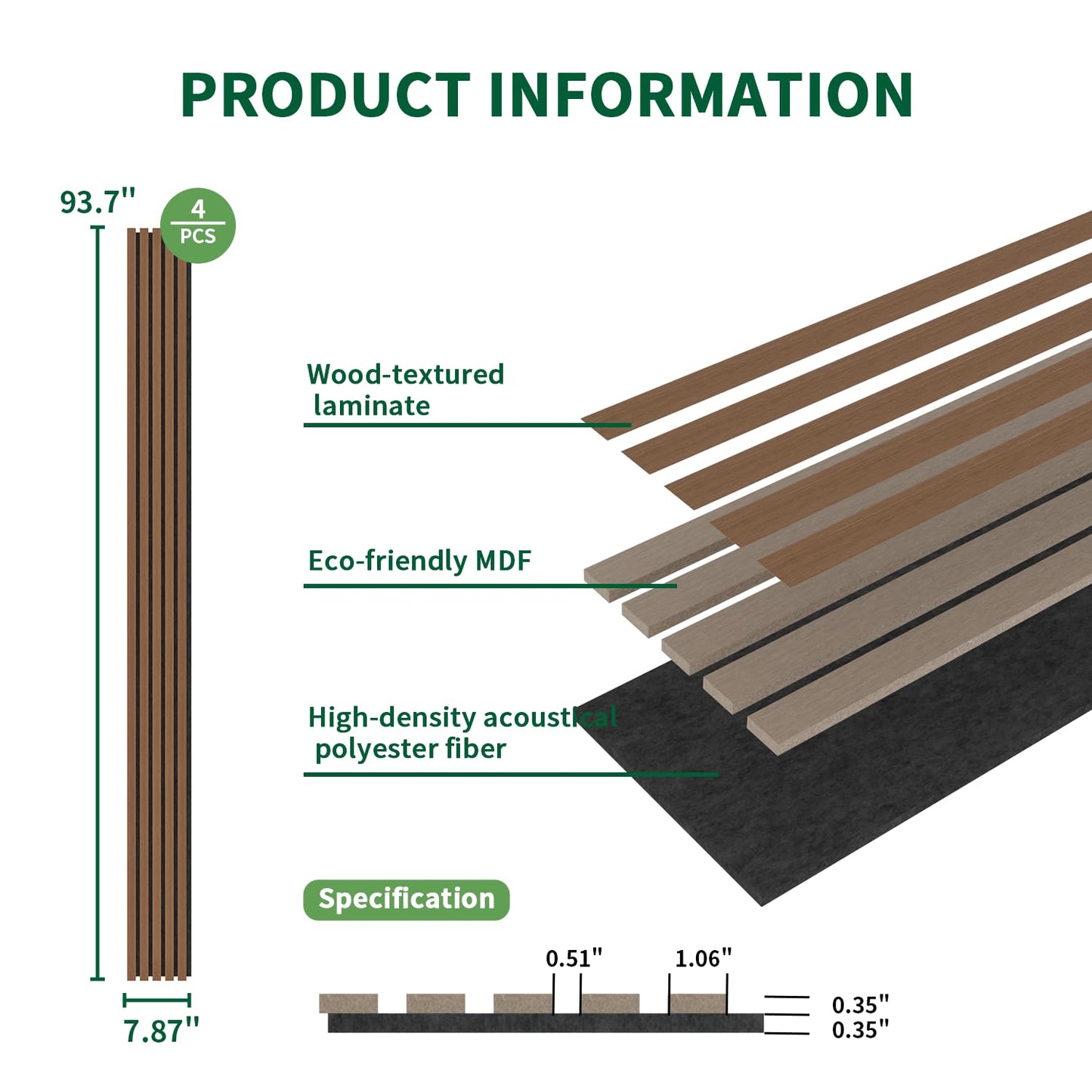 Wood Slat Acoustic Panels, 4 Pack 94" x 8"(21ft²) Wood Wall Panels, Soundproof Wood Slat Panel, 3D Fluted Sound Absorbing Paneling for Wall Decor, Living Room, Bedroom, Walnut