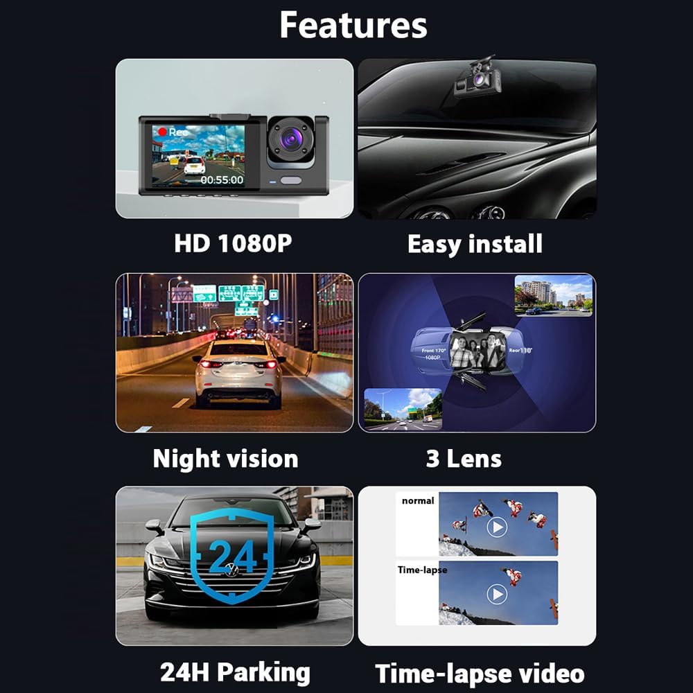 Shkalacar 3 3 Channel Dash Cam WIFI Cameras, Front Rear and Inside, Rearview Mirror Video Recording Camcorder Wide