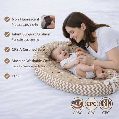 Aila+Aiden Baby Lounger - Organic Cotton Infant Lounger | Reversible & Portable Floor Lounger | Soft Washable Cover - Star Collection (Tan)