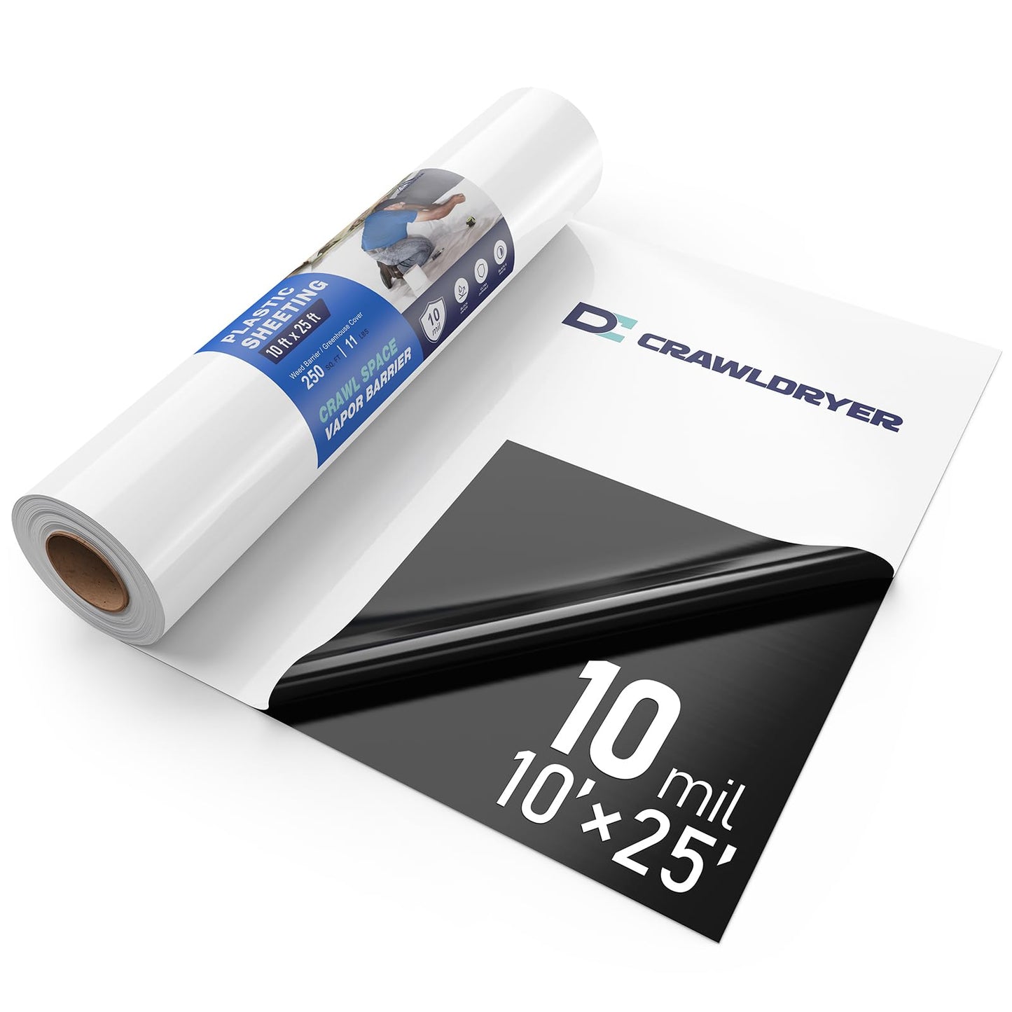 Crawl Space Vapor Barrier, 10Mil Film, 10' x 25', Drop Cloth Vapor Barrier Covering for Crawl Space Encapsulation, Thick Plastic Sheeting, Black and White Panda Film, Heavy Duty Polyethylene Film
